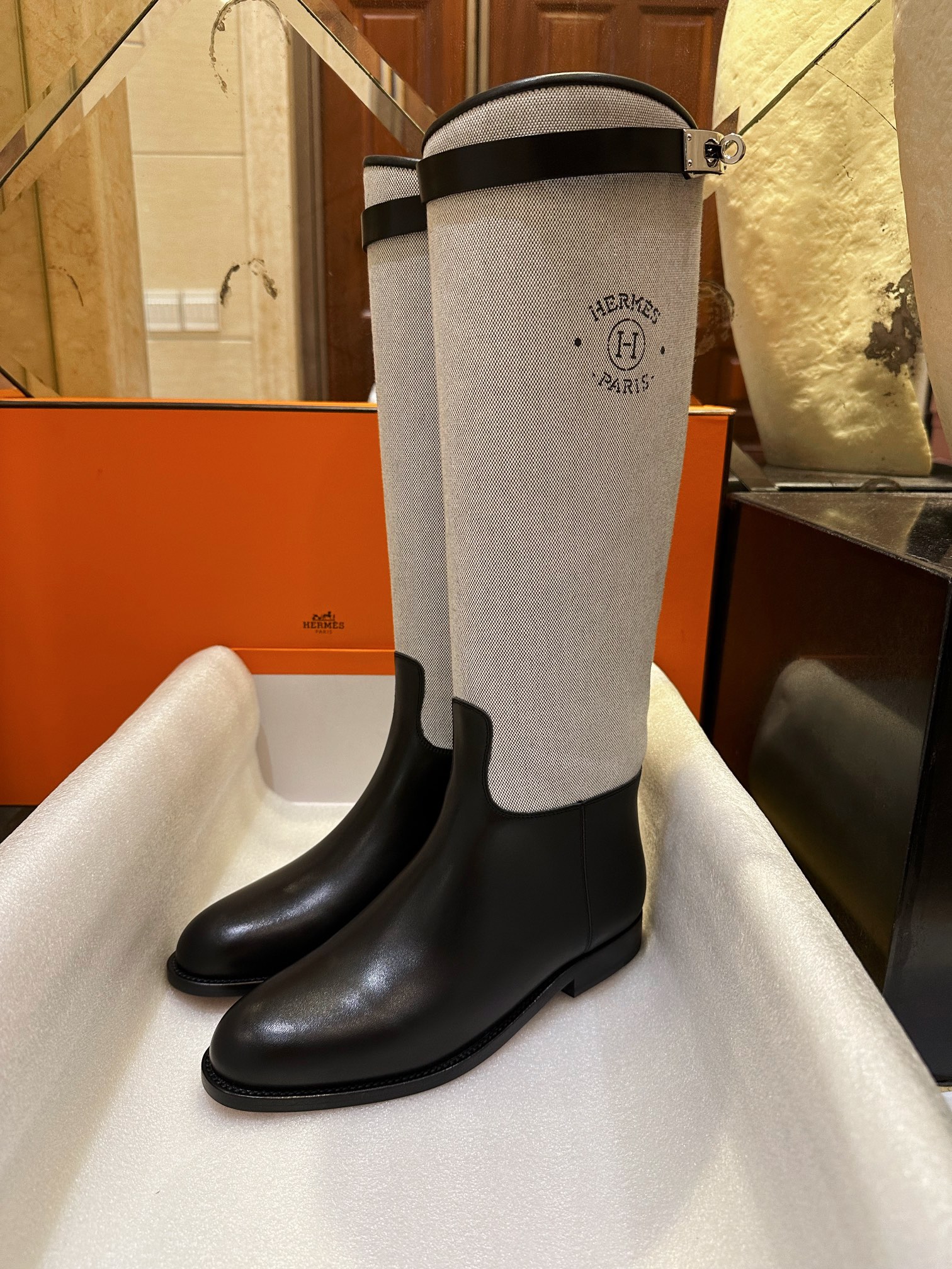 Hermes Kelly Button Canvas Patchwork Knee-High Boots