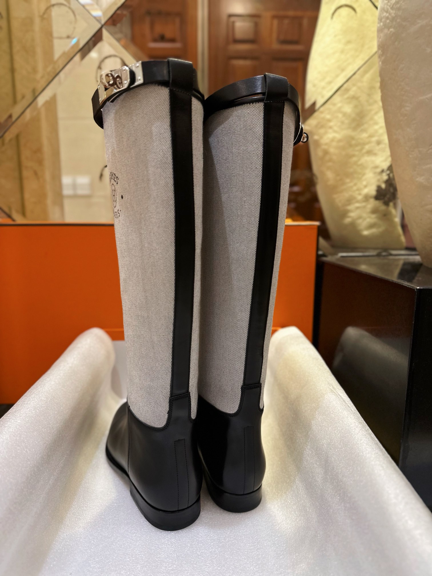 Hermes Kelly Button Canvas Patchwork Knee-High Boots