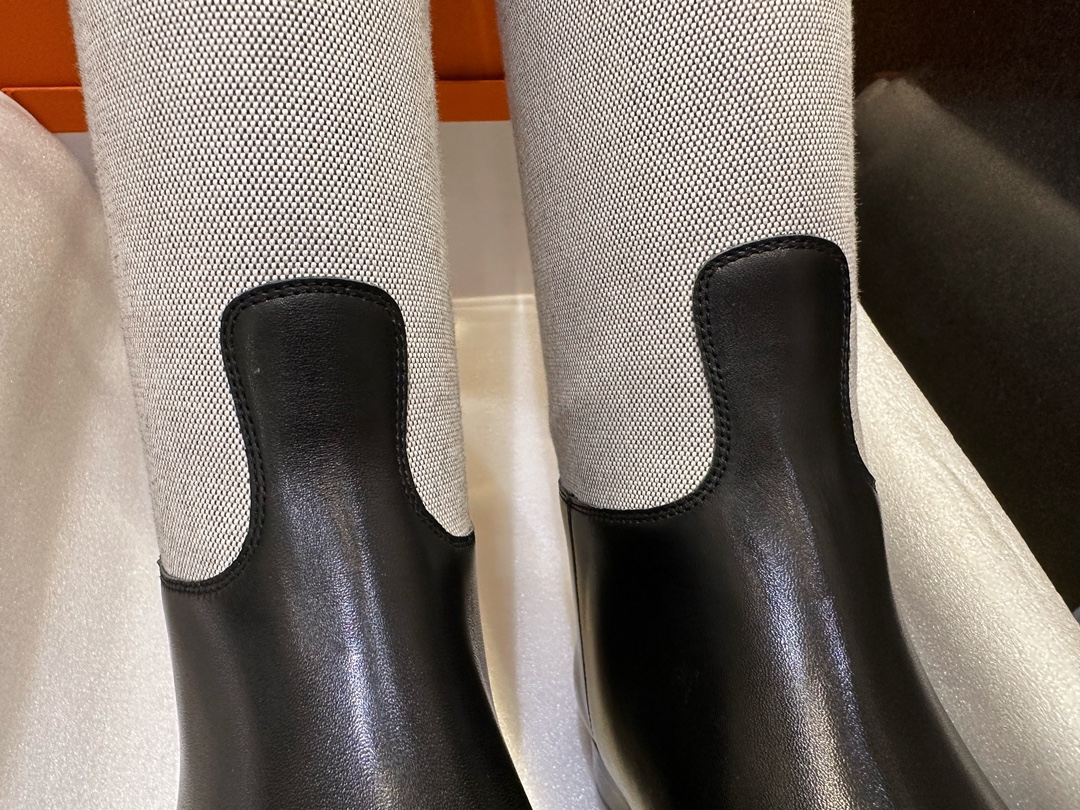 Hermes Kelly Button Canvas Patchwork Knee-High Boots