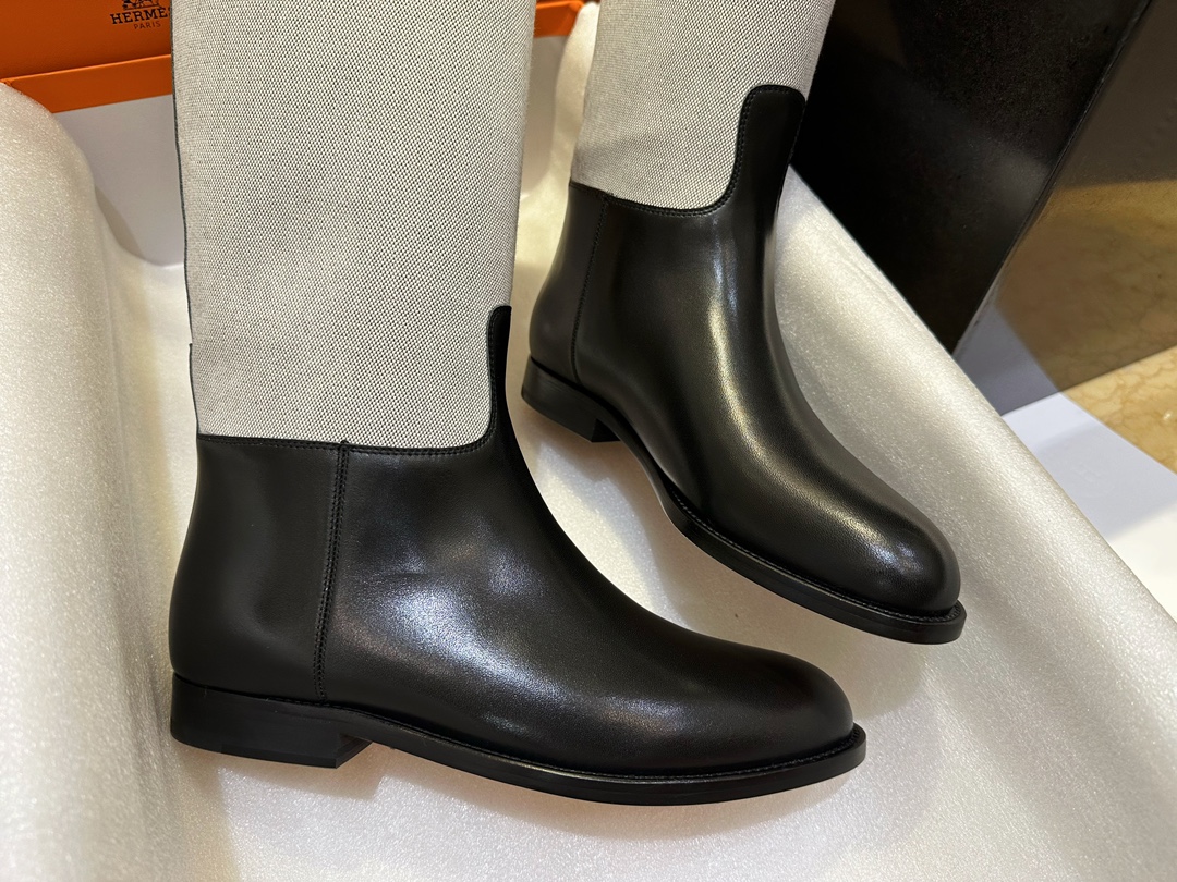 Hermes Kelly Button Canvas Patchwork Knee-High Boots