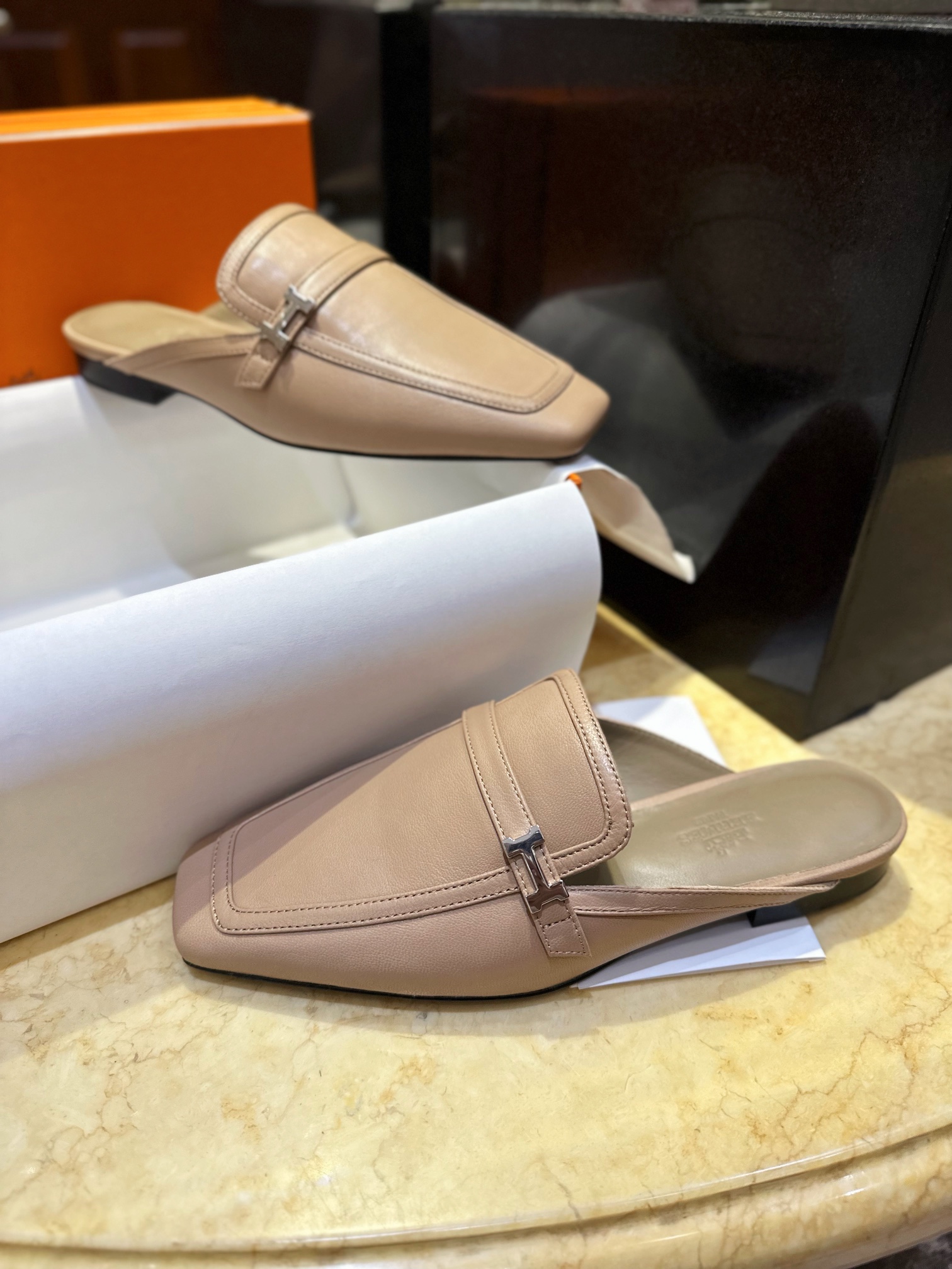 Hermes Groupie Goat Leather Mule Slides