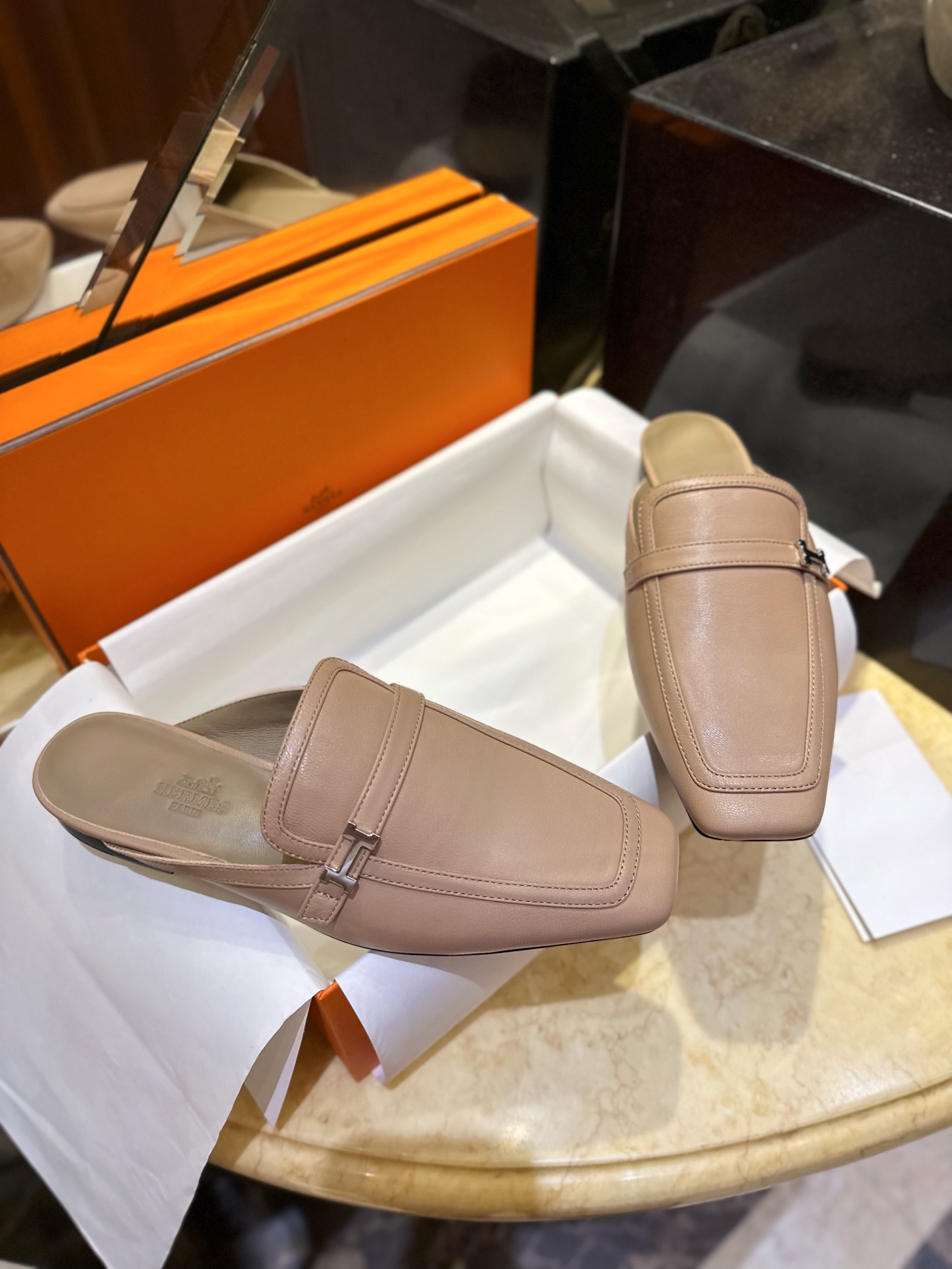 Hermes Groupie Goat Leather Mule Slides