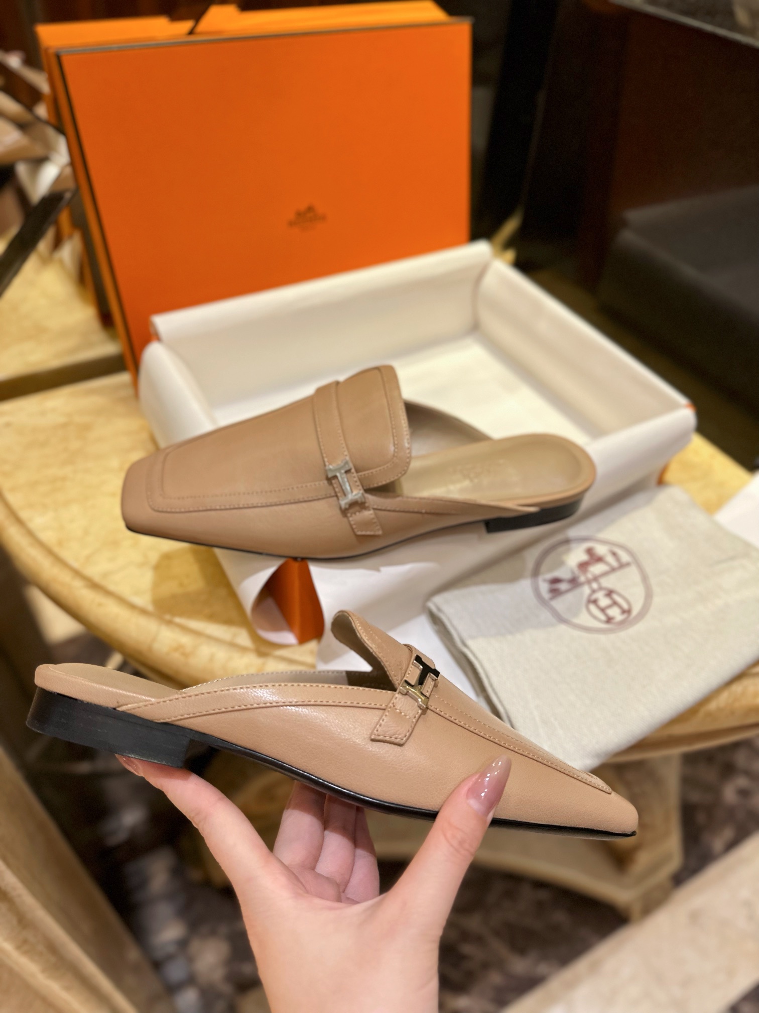 Hermes Groupie Goat Leather Mule Slides