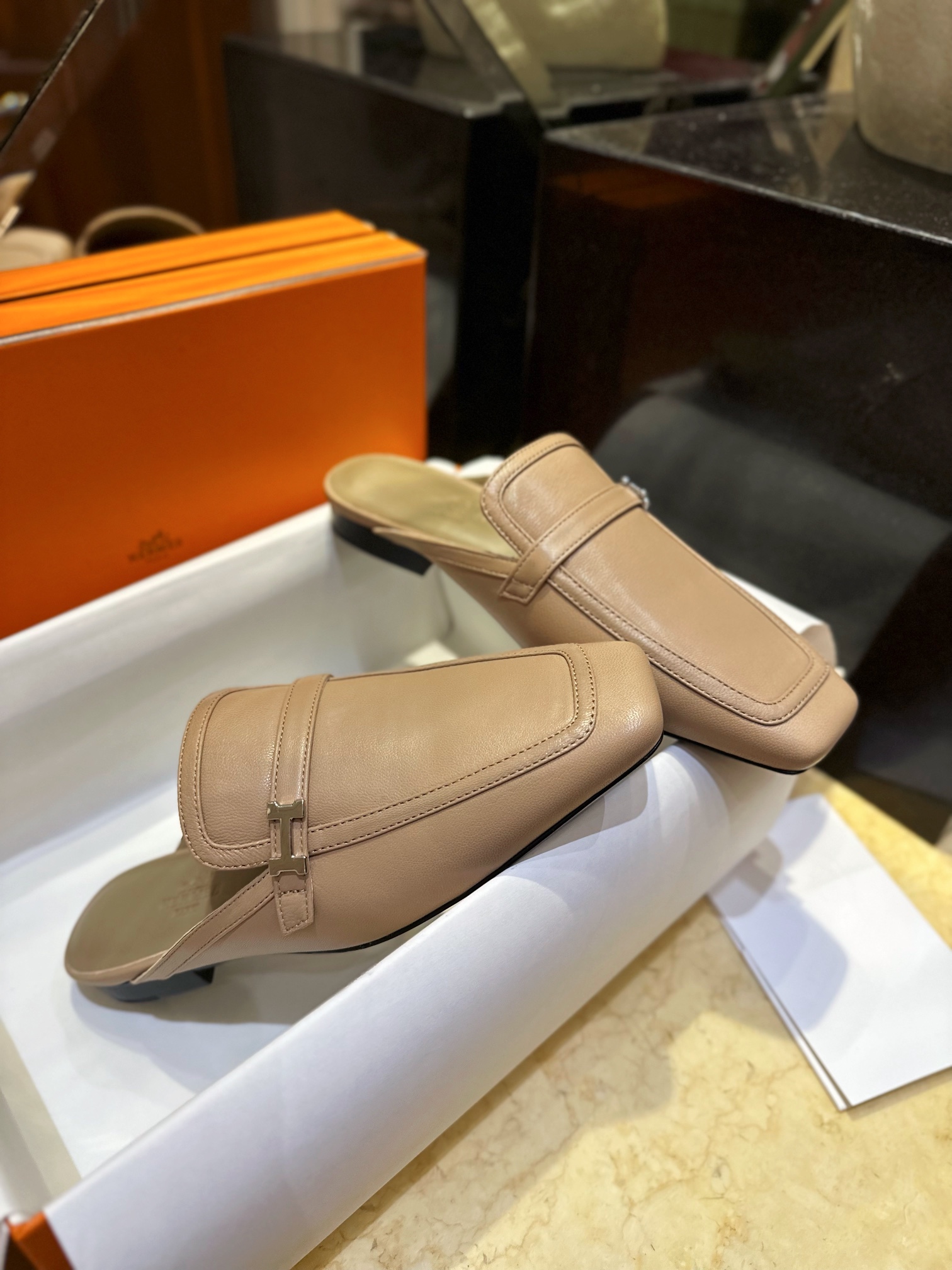 Hermes Groupie Goat Leather Mule Slides