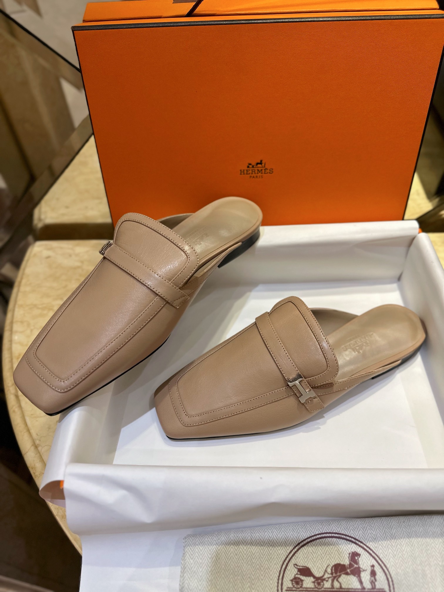 Hermes Groupie Goat Leather Mule Slides