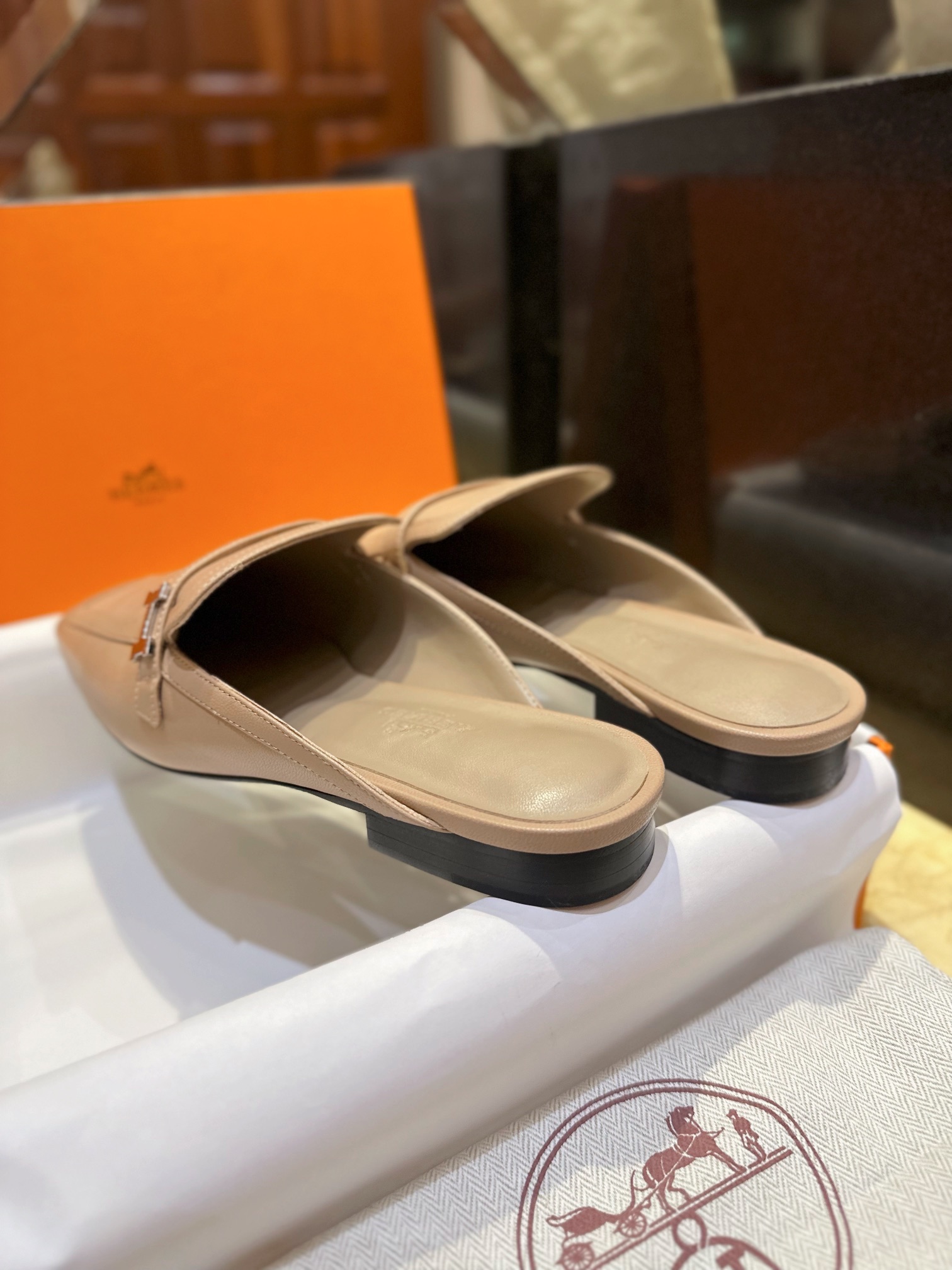 Hermes Groupie Goat Leather Mule Slides