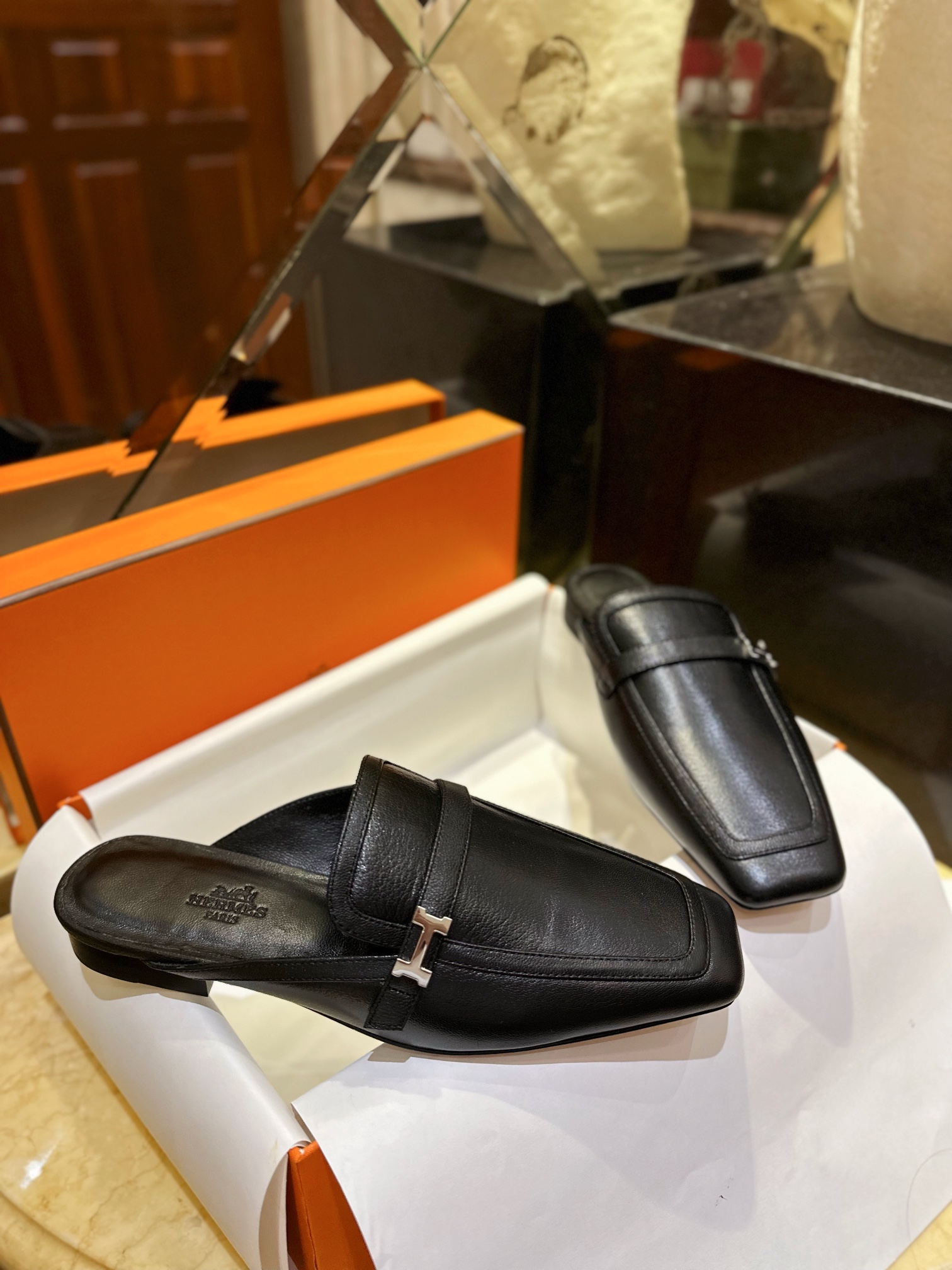 Hermes Groupie Goat Leather Mule Slides