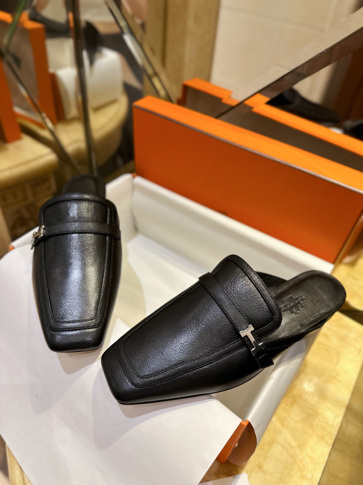 Hermes Groupie Goat Leather Mule Slides