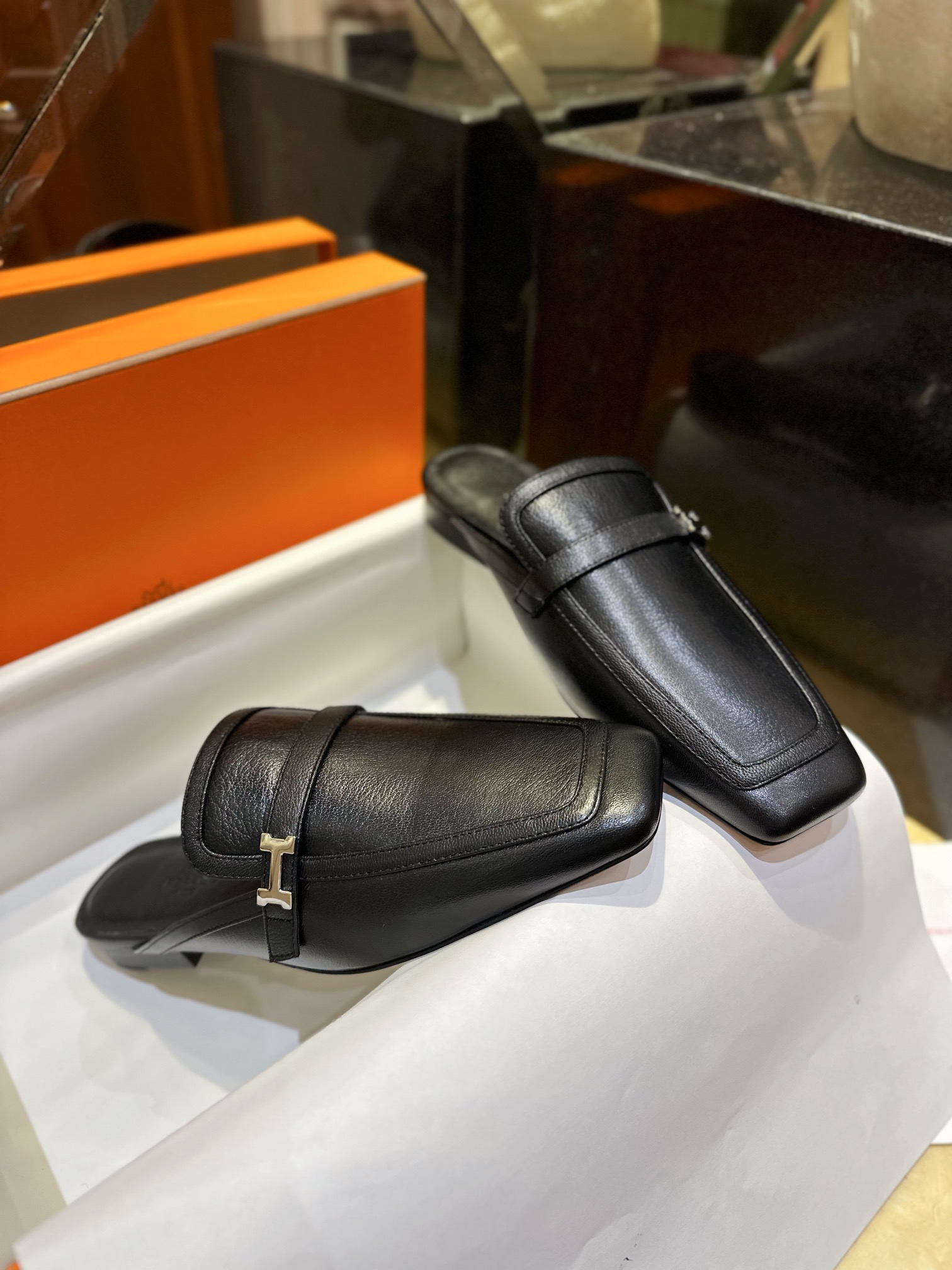 Hermes Groupie Goat Leather Mule Slides