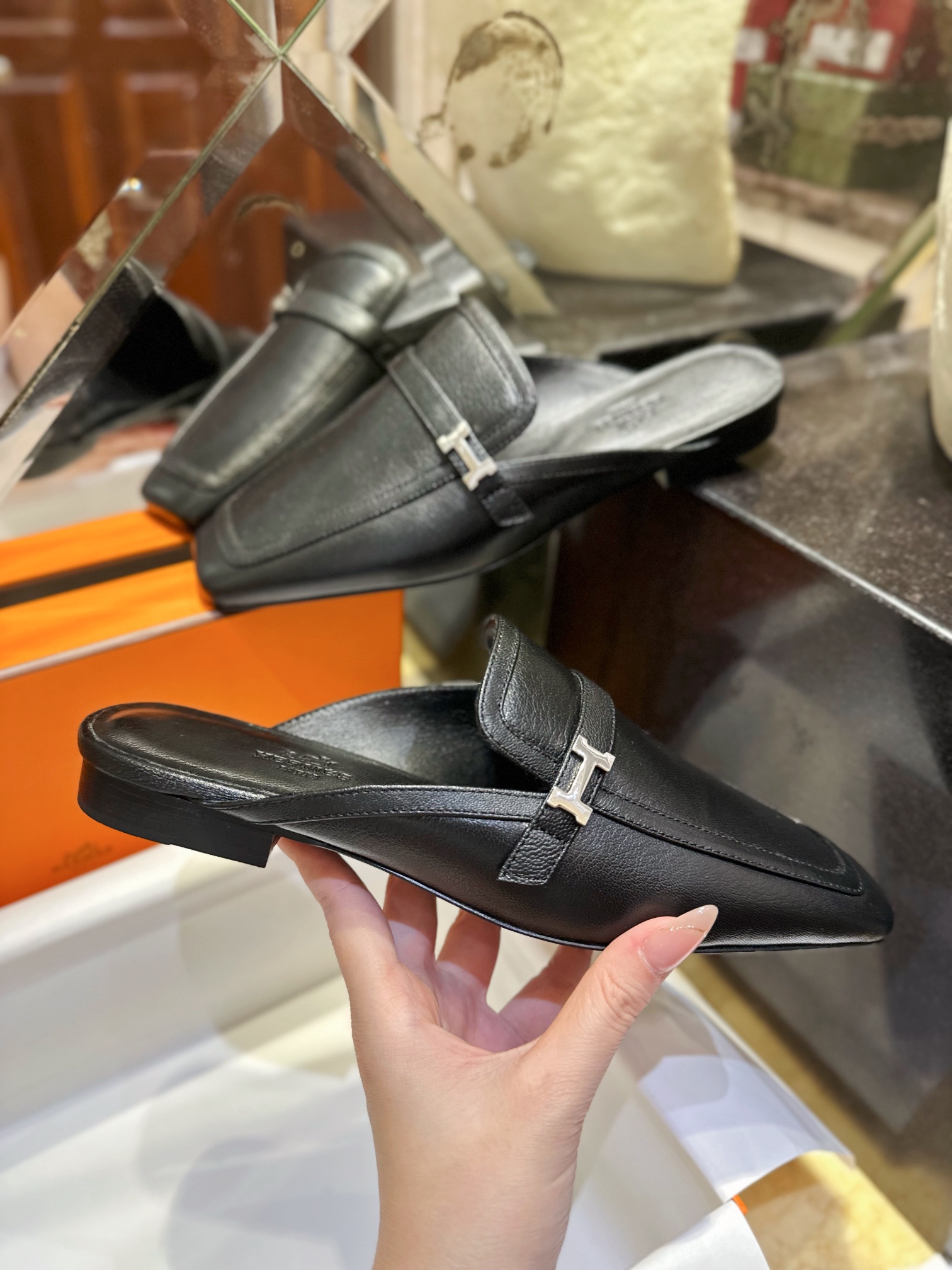 Hermes Groupie Goat Leather Mule Slides