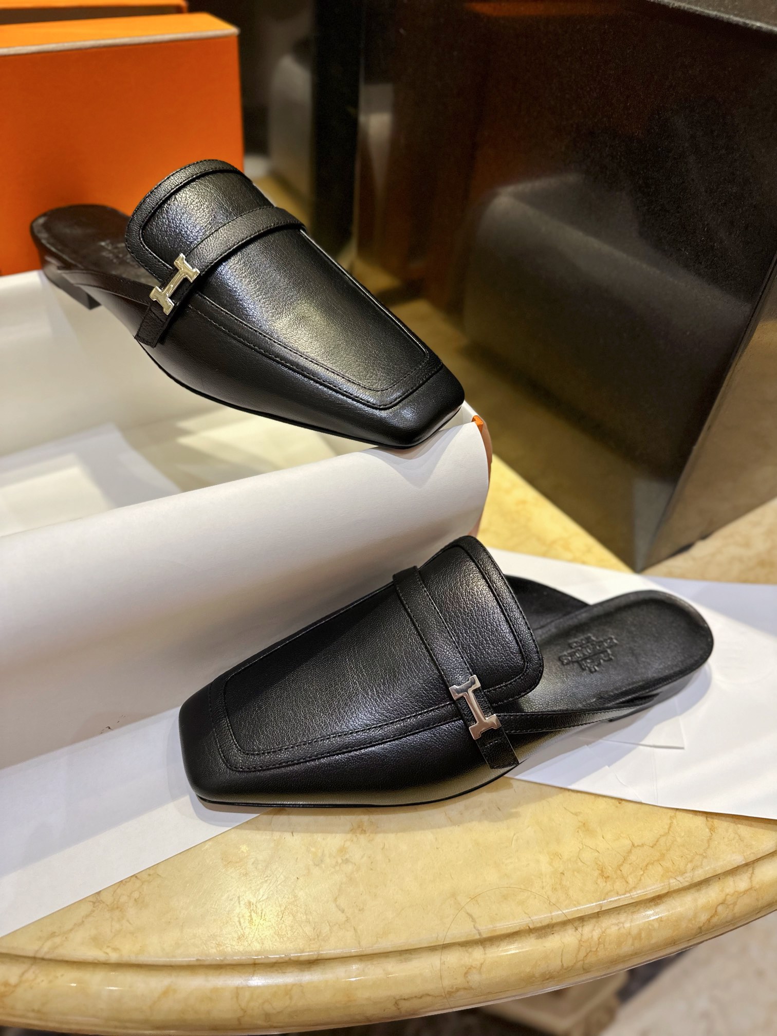 Hermes Groupie Goat Leather Mule Slides