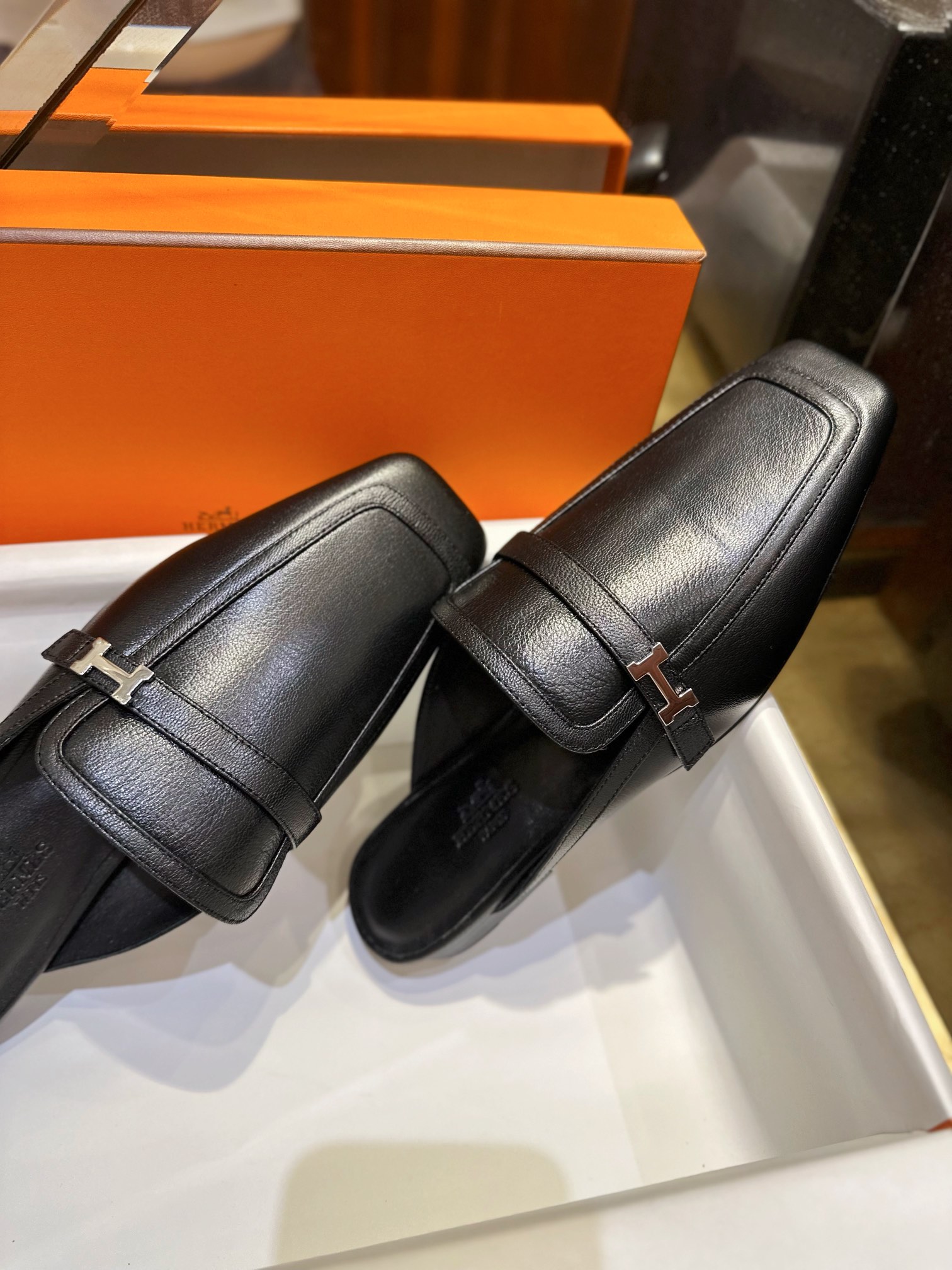 Hermes Groupie Goat Leather Mule Slides