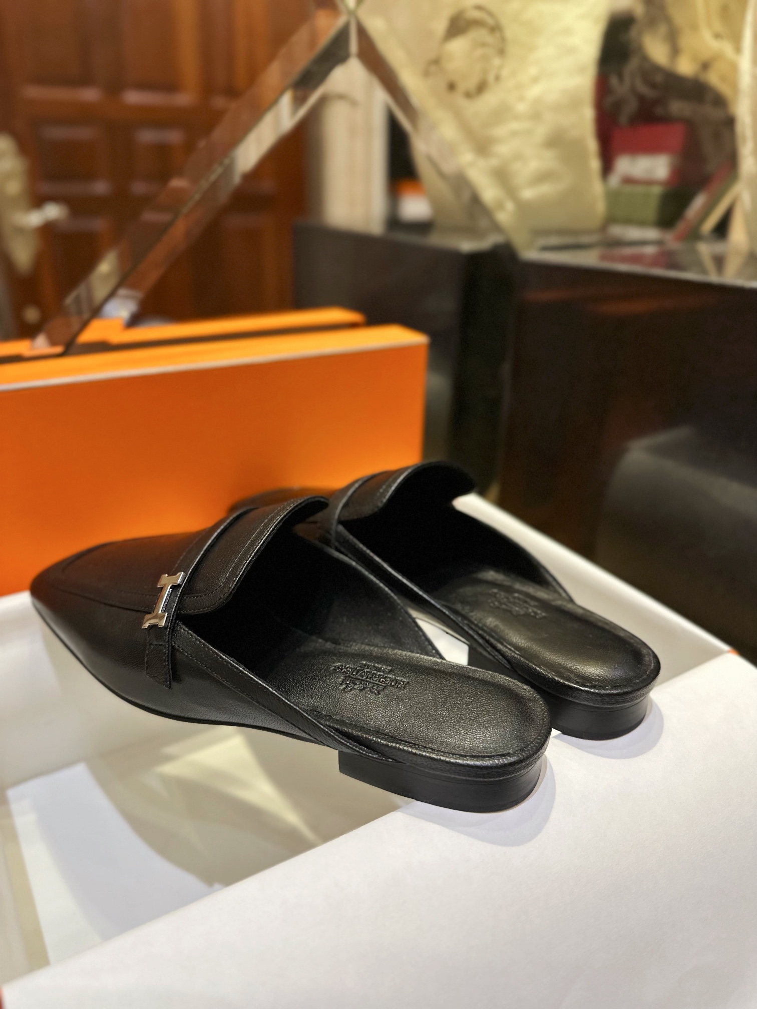 Hermes Groupie Goat Leather Mule Slides