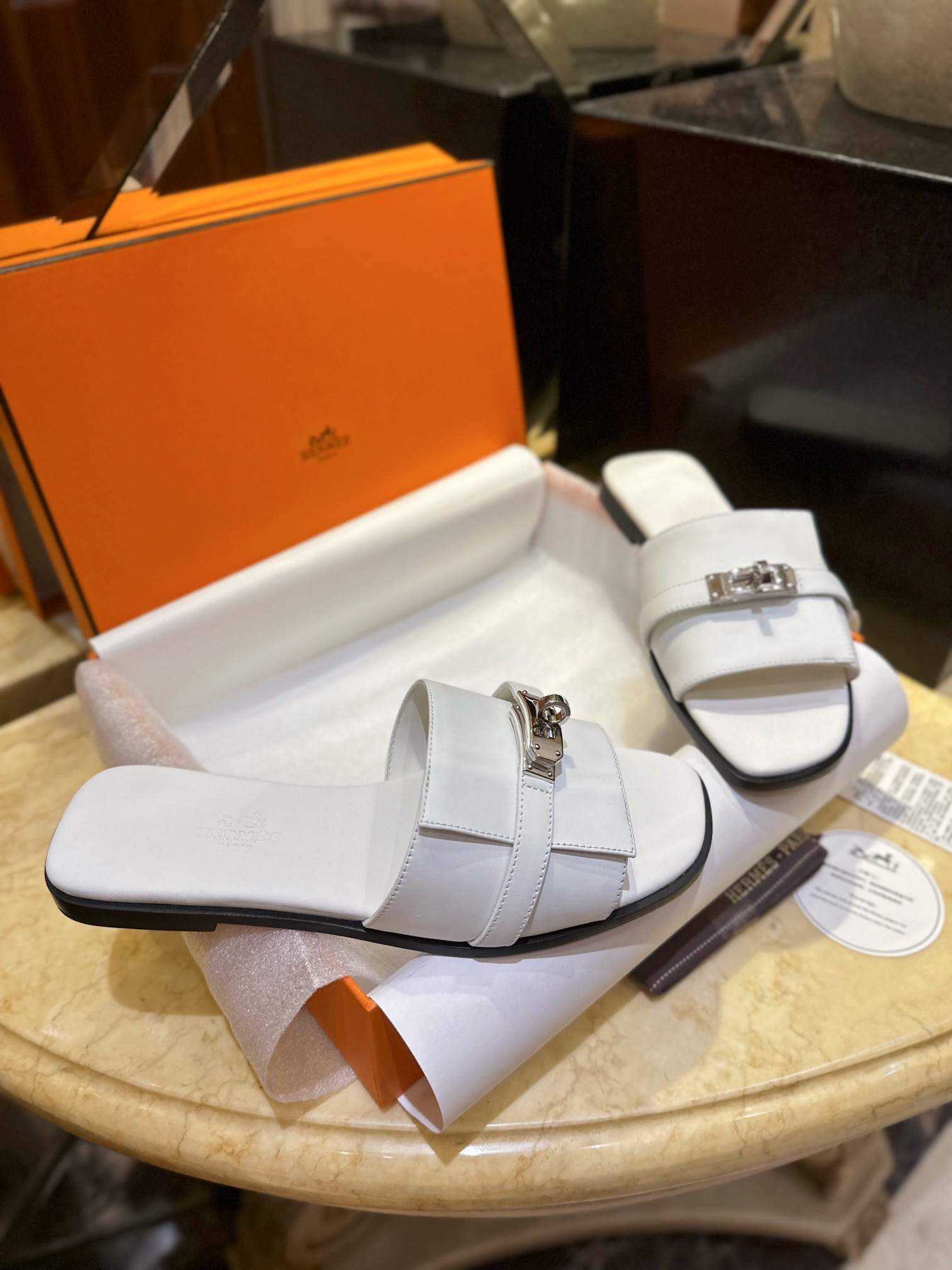 Hermes Kelly Calfskin + Goat Leather Lined Flat Slippers