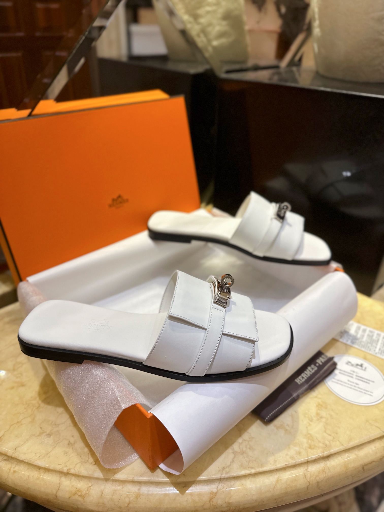 Hermes Kelly Calfskin + Goat Leather Lined Flat Slippers