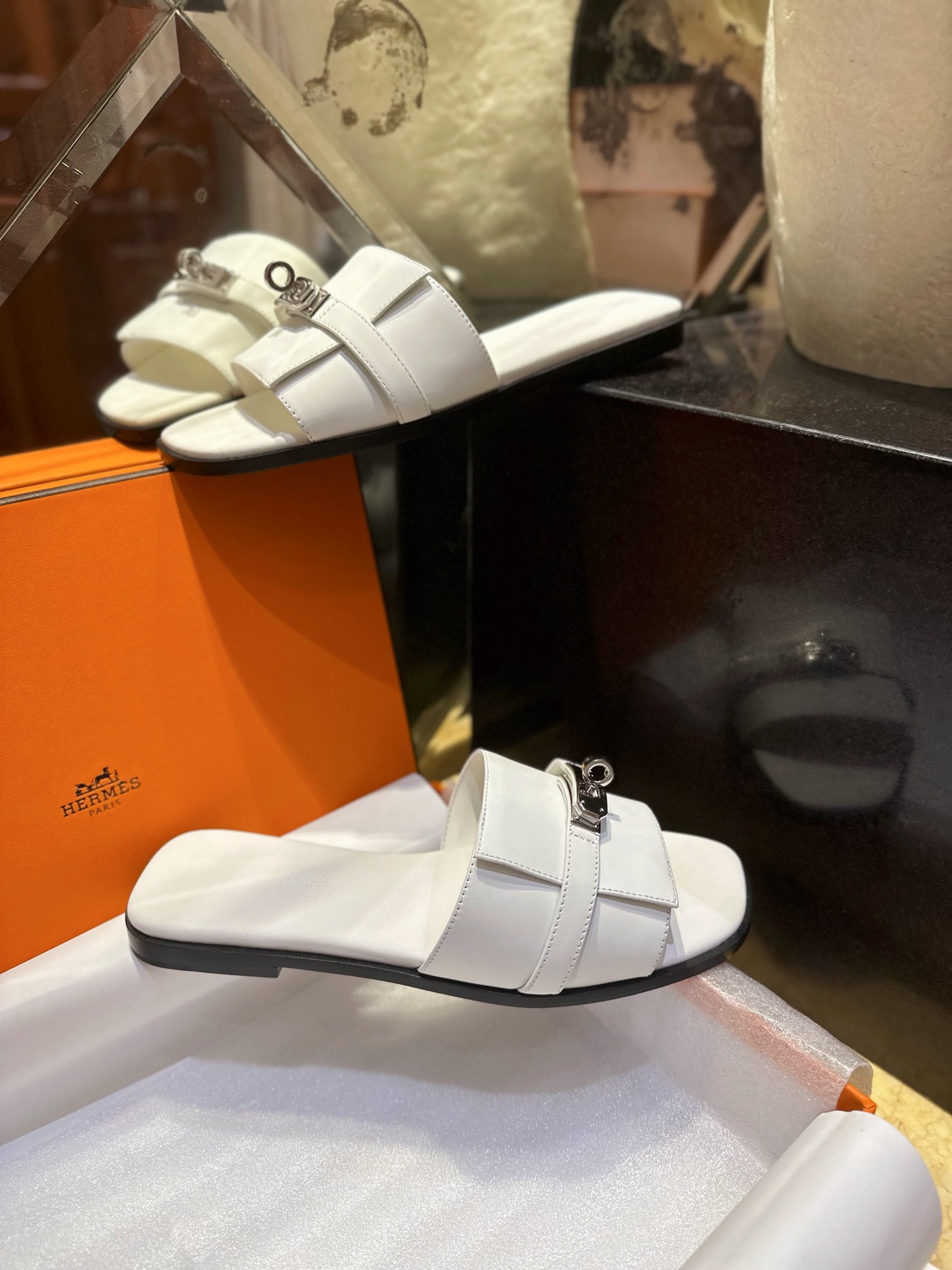 Hermes Kelly Calfskin + Goat Leather Lined Flat Slippers