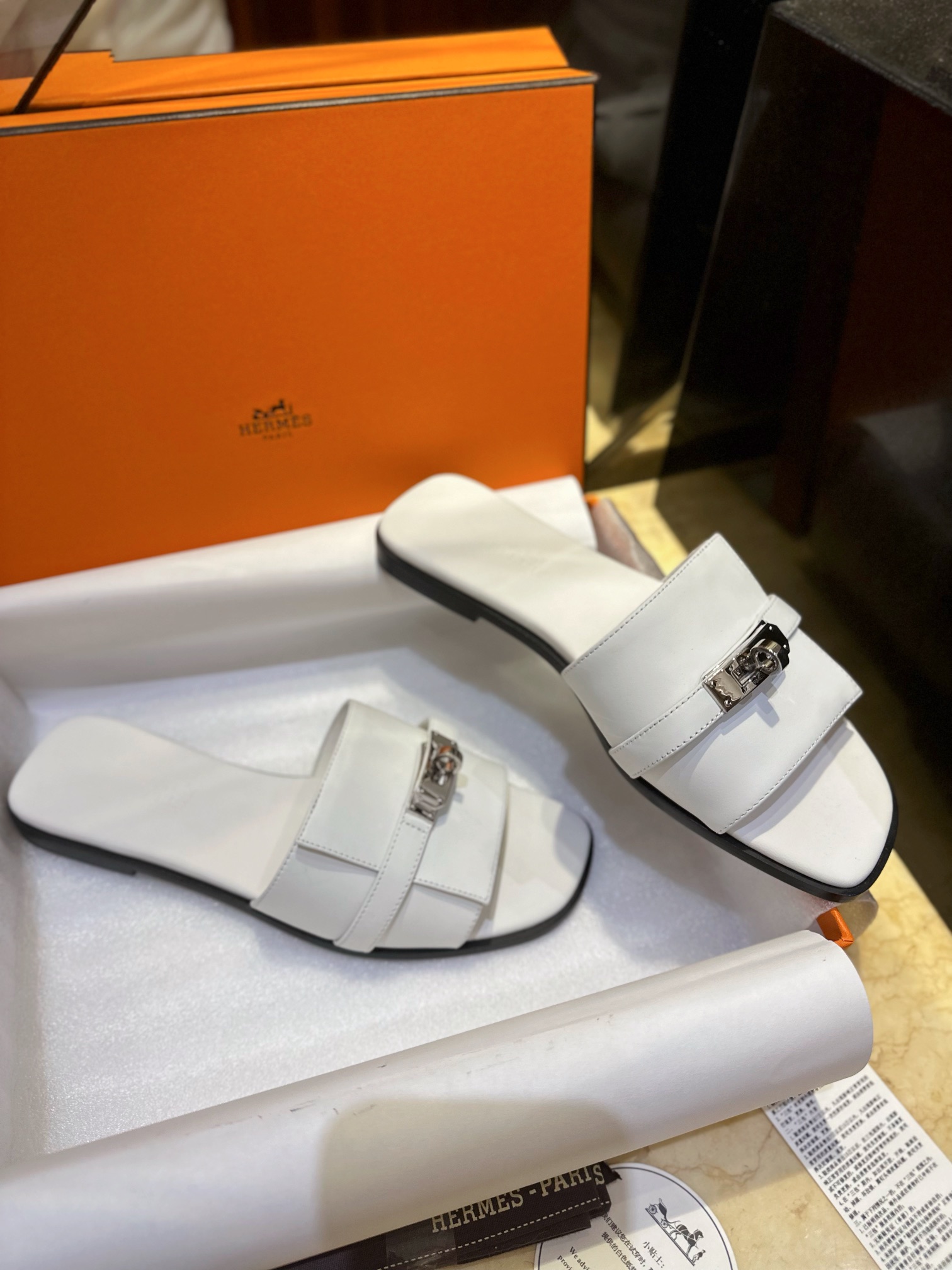 Hermes Kelly Calfskin + Goat Leather Lined Flat Slippers