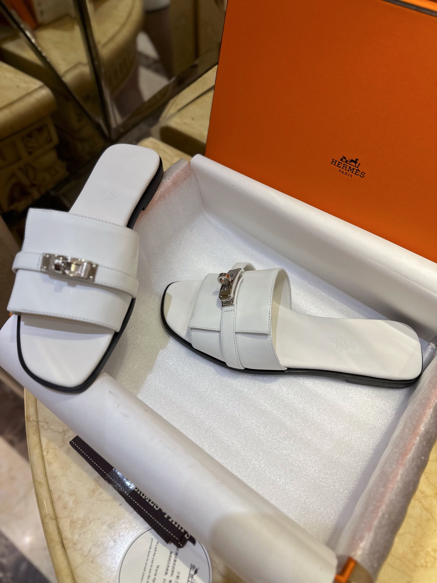 Hermes Kelly Calfskin + Goat Leather Lined Flat Slippers