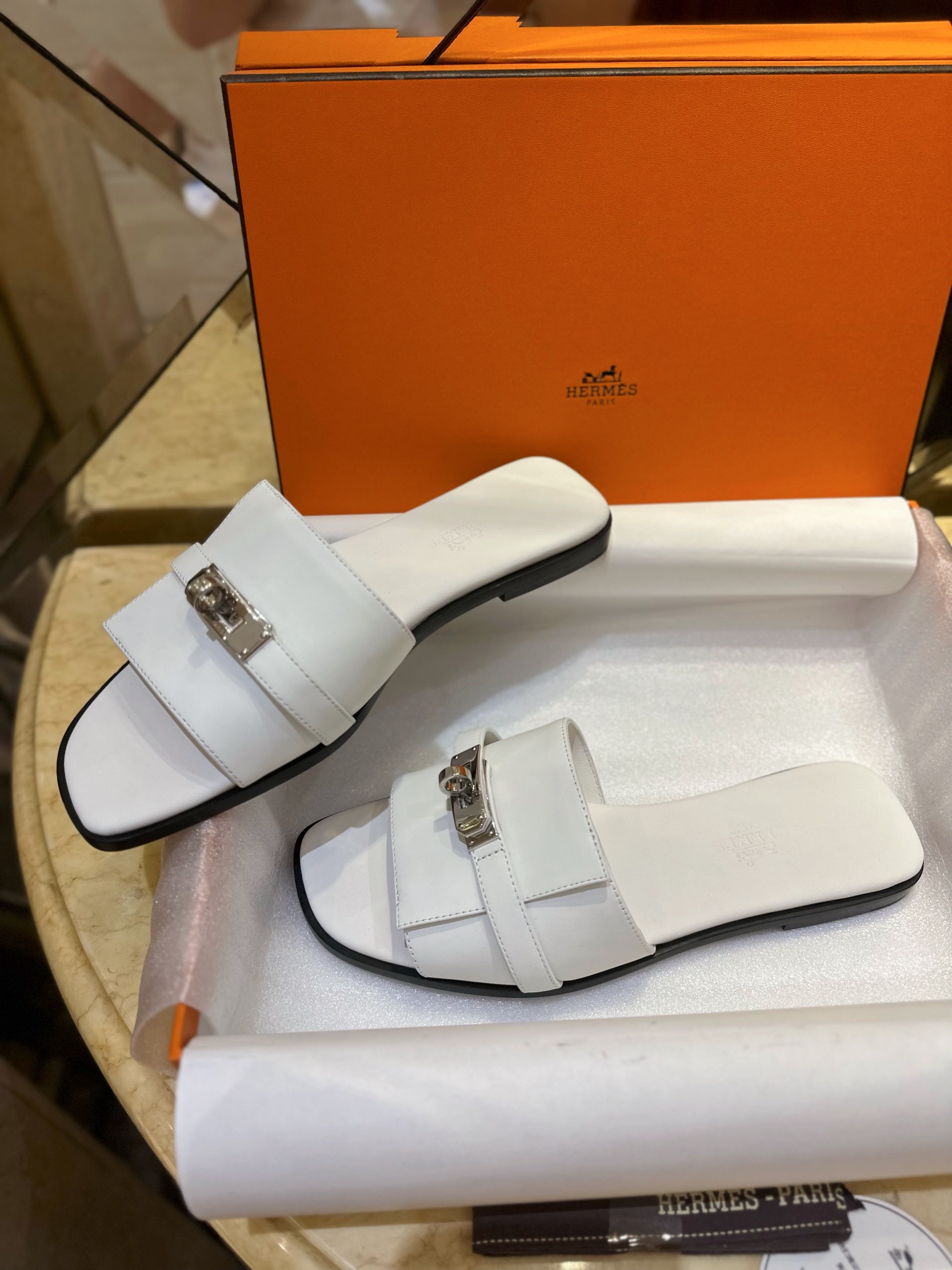 Hermes Kelly Calfskin + Goat Leather Lined Flat Slippers