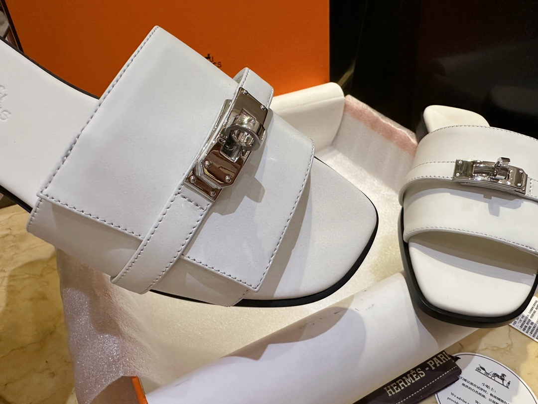 Hermes Kelly Calfskin + Goat Leather Lined Flat Slippers