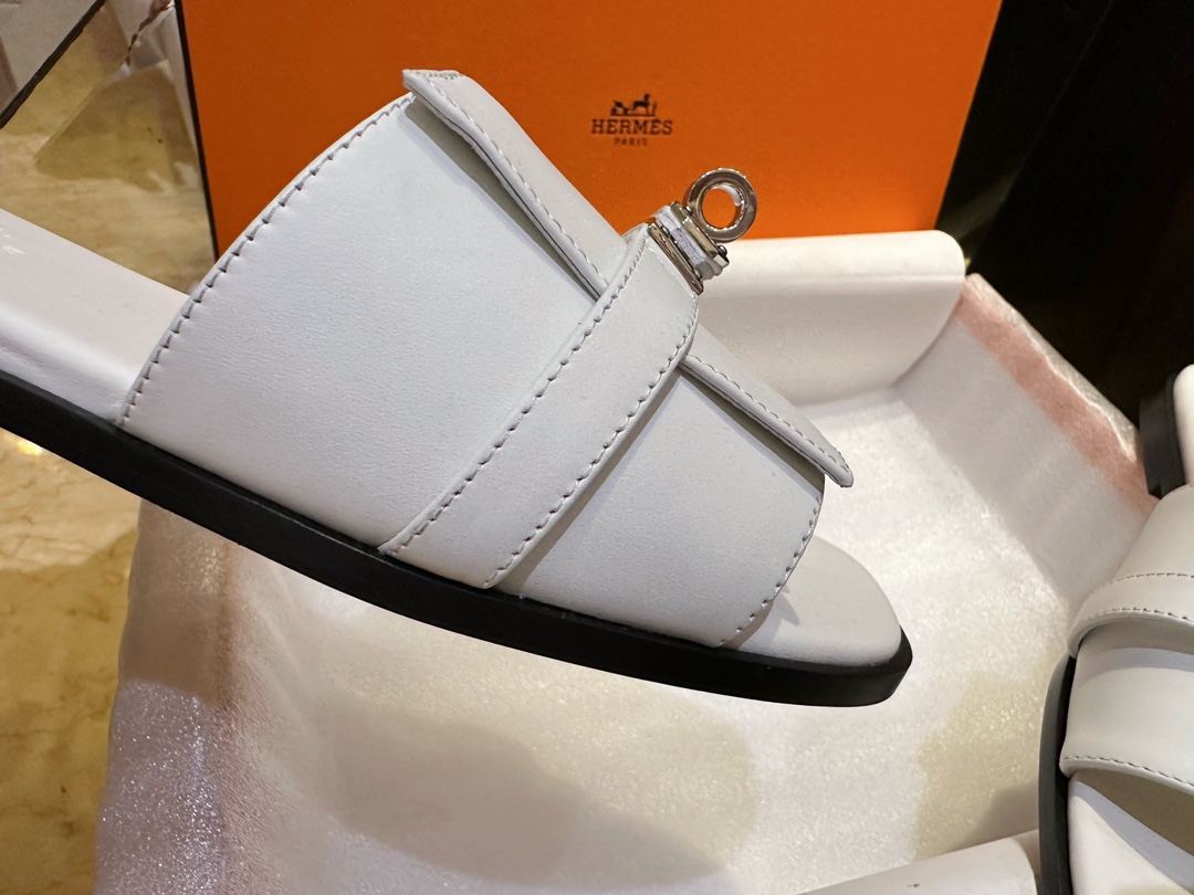 Hermes Kelly Calfskin + Goat Leather Lined Flat Slippers