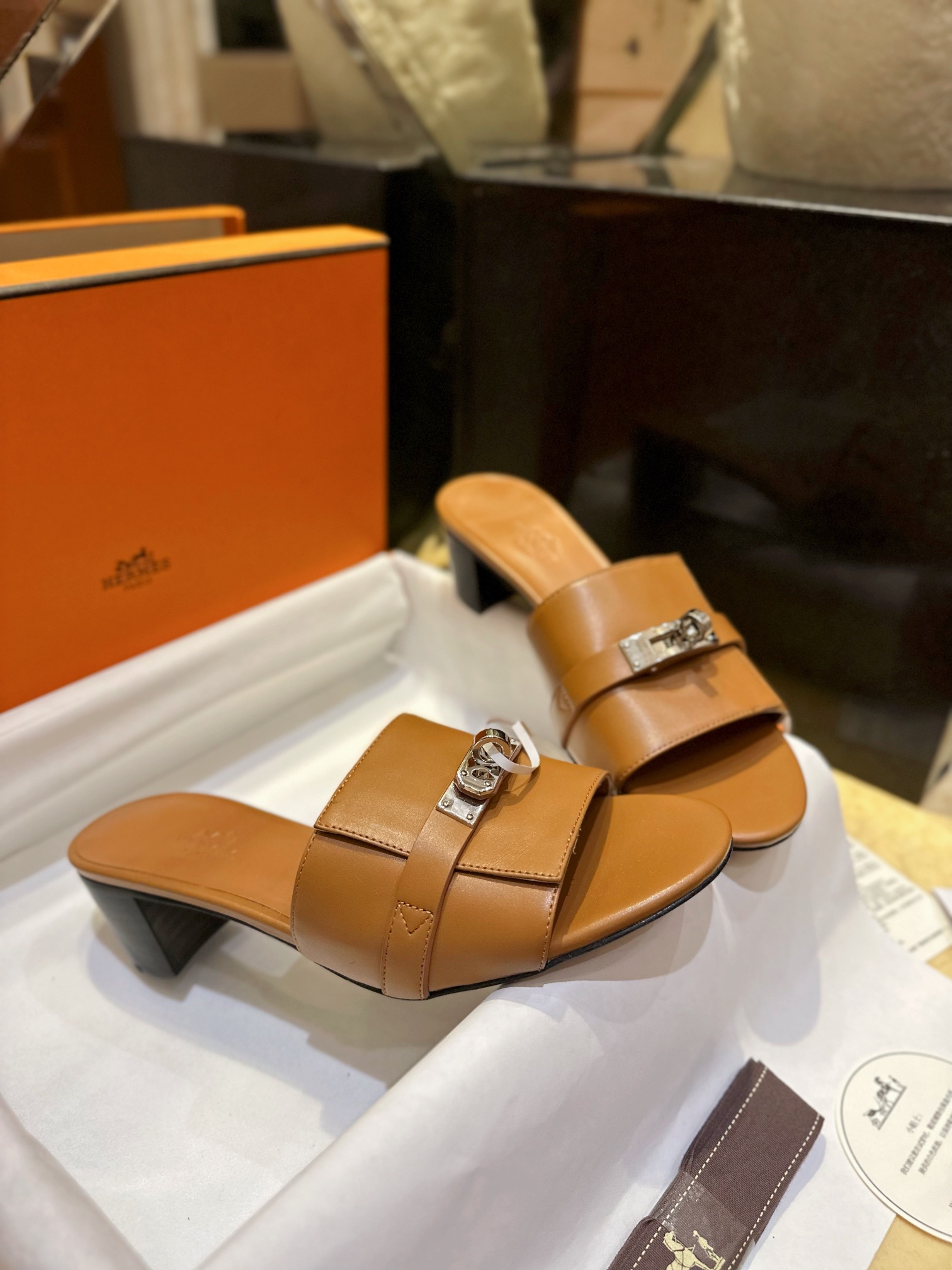 Hermes Kelly Brown High Heel Slides with Calfskin and Italian Leather Sole, 5cm Chunky Heel