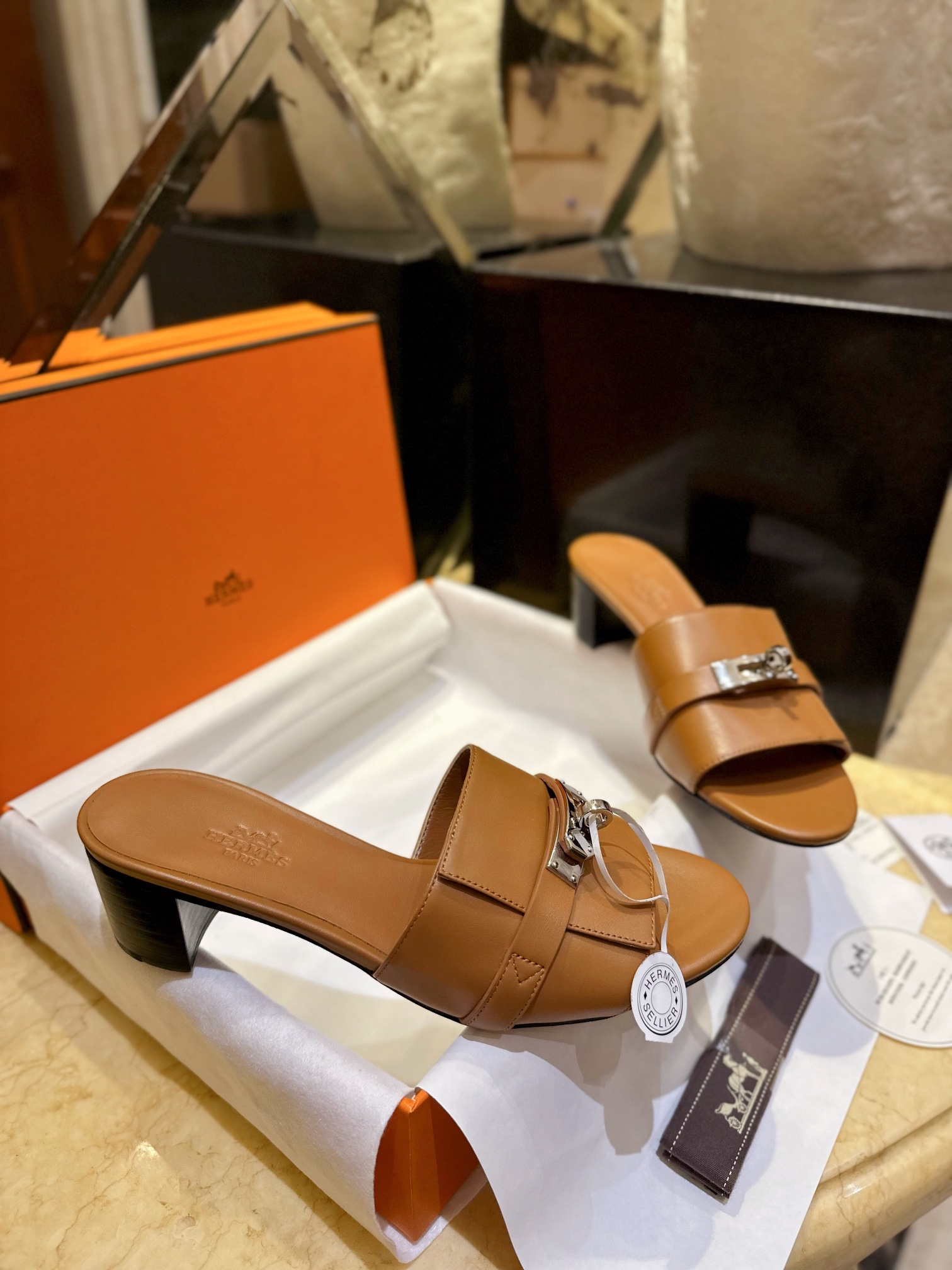 Hermes Kelly Brown High Heel Slides with Calfskin and Italian Leather Sole, 5cm Chunky Heel