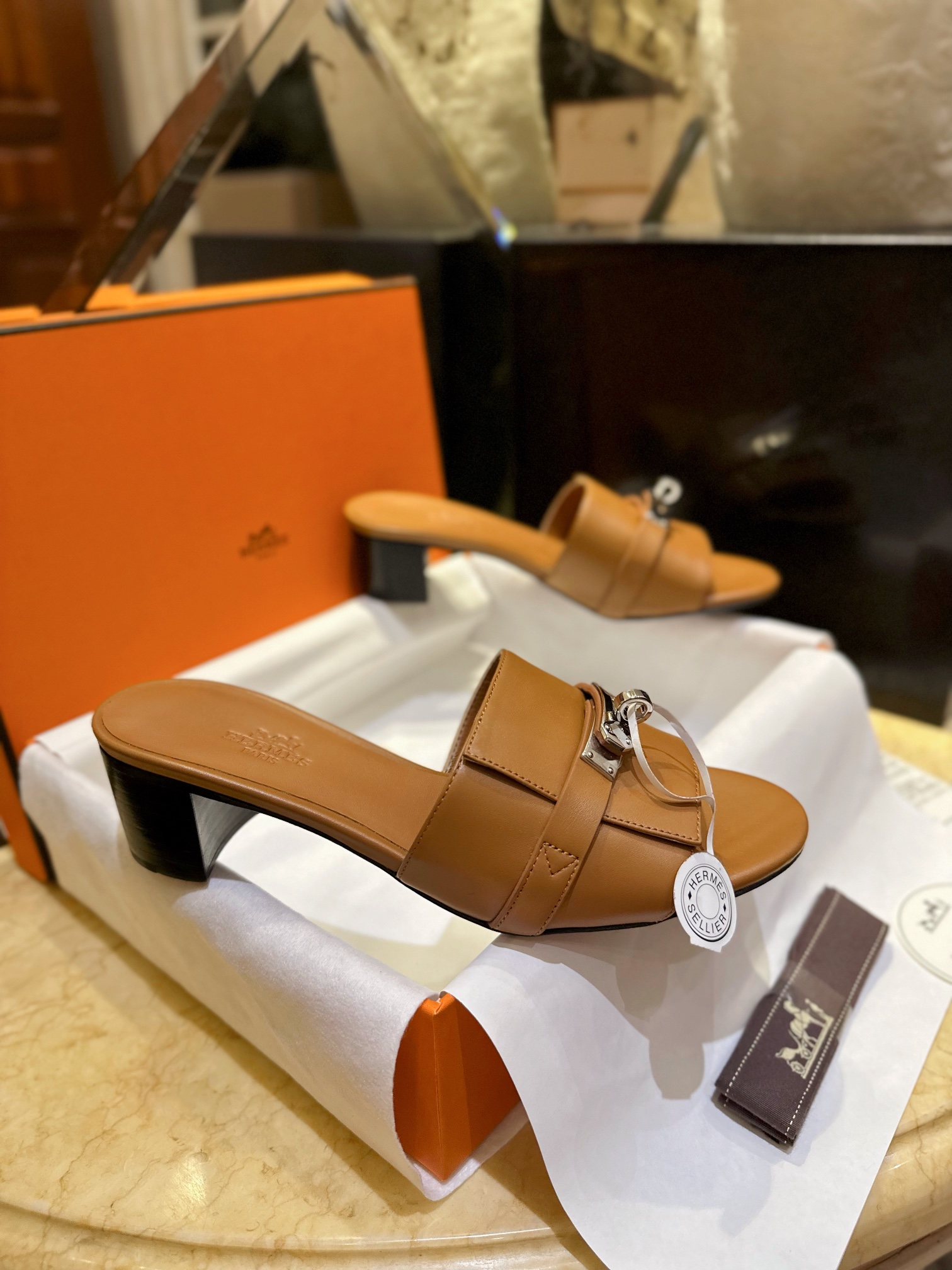 Hermes Kelly Brown High Heel Slides with Calfskin and Italian Leather Sole, 5cm Chunky Heel