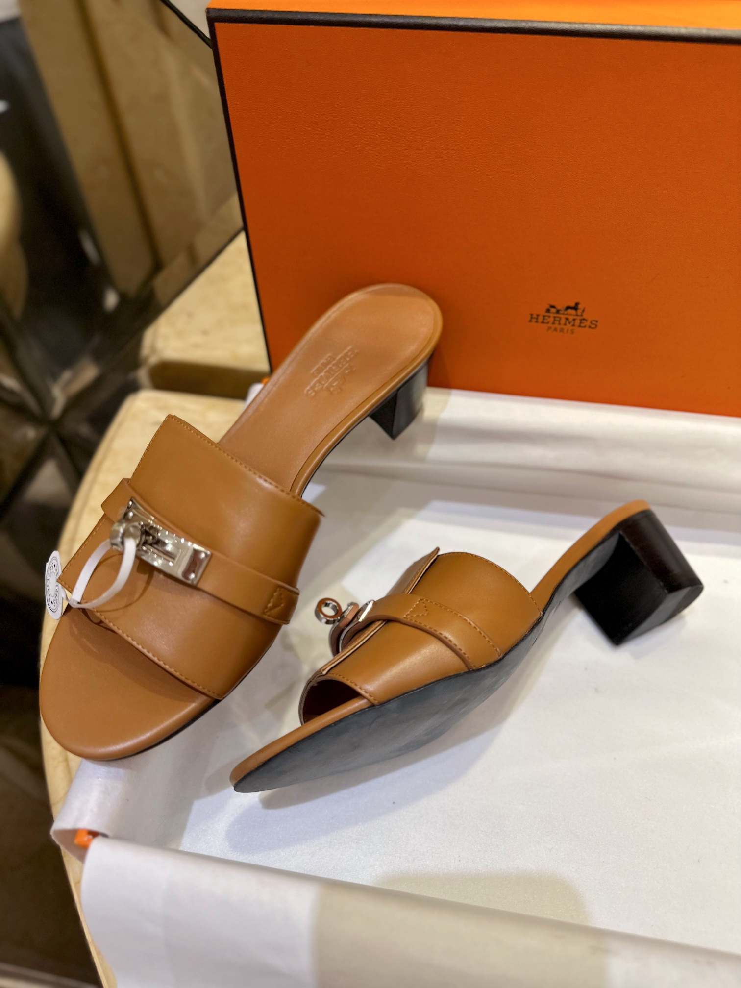 Hermes Kelly Brown High Heel Slides with Calfskin and Italian Leather Sole, 5cm Chunky Heel