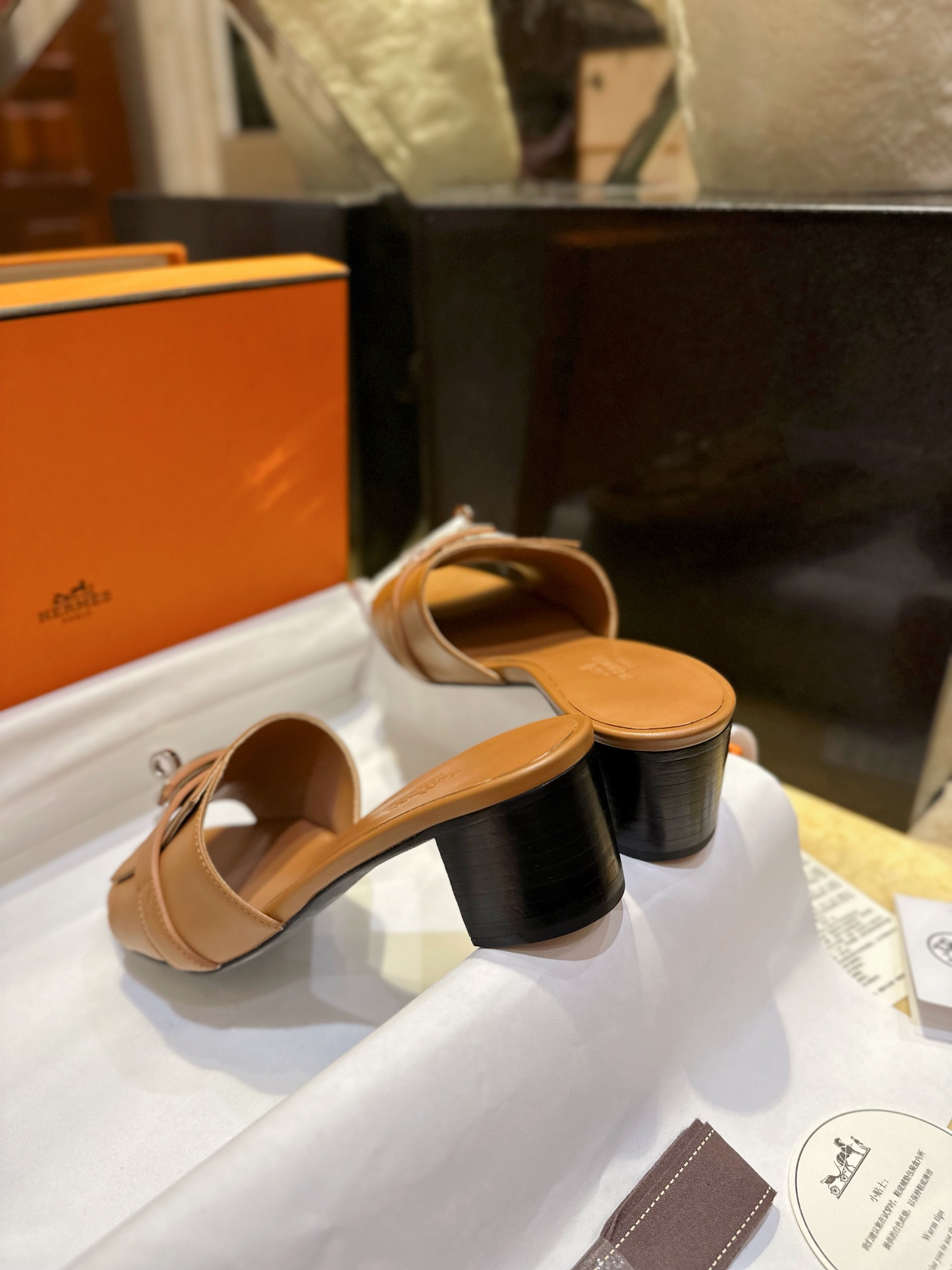 Hermes Kelly Brown High Heel Slides with Calfskin and Italian Leather Sole, 5cm Chunky Heel