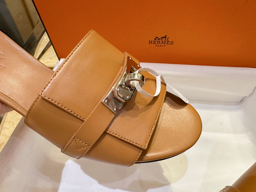 Hermes Kelly Brown High Heel Slides with Calfskin and Italian Leather Sole, 5cm Chunky Heel