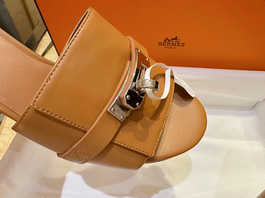 Hermes Kelly Brown High Heel Slides with Calfskin and Italian Leather Sole, 5cm Chunky Heel