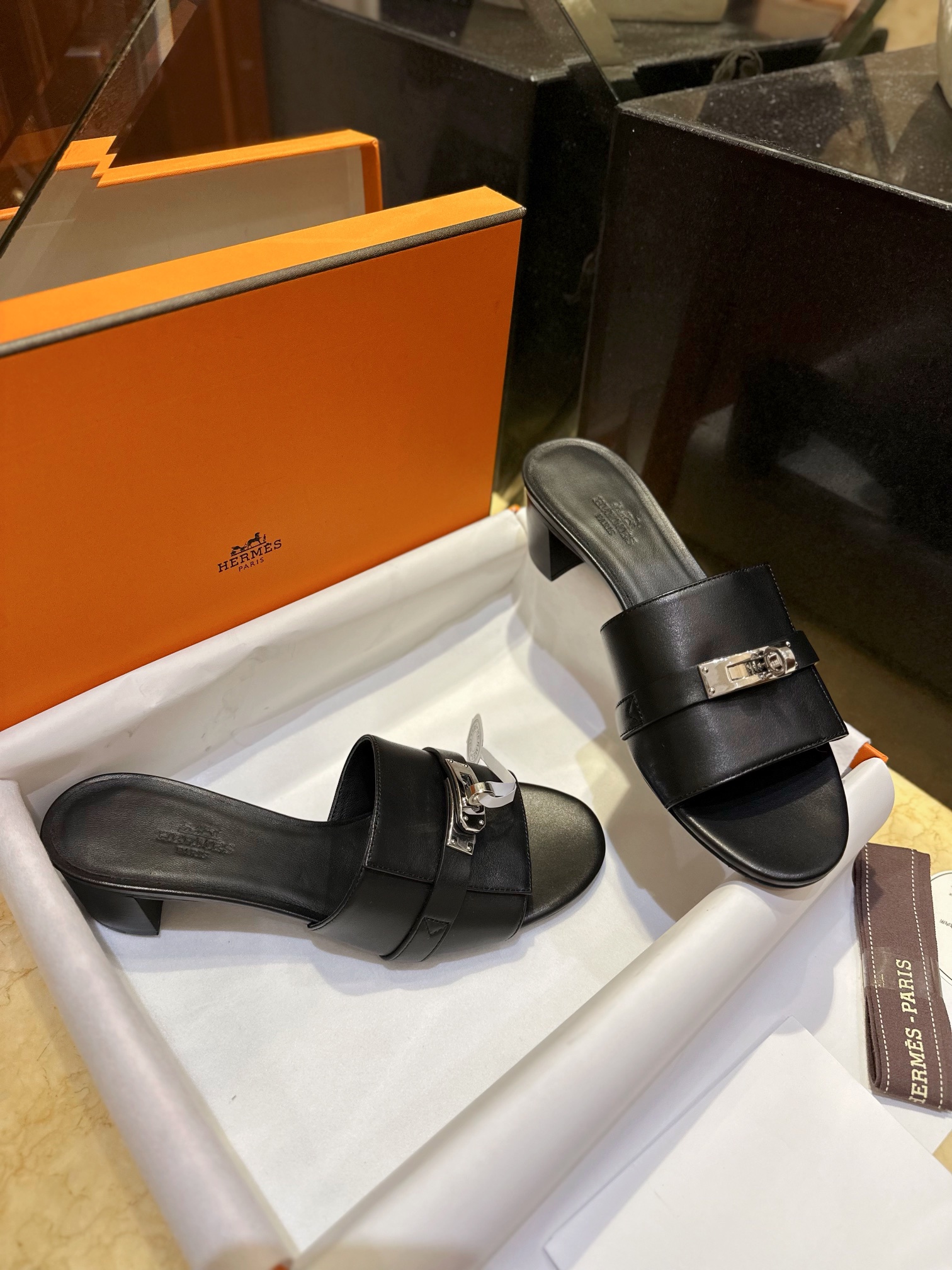 Hermes Kelly Black High Heel Slides with Calfskin, 5cm Heel