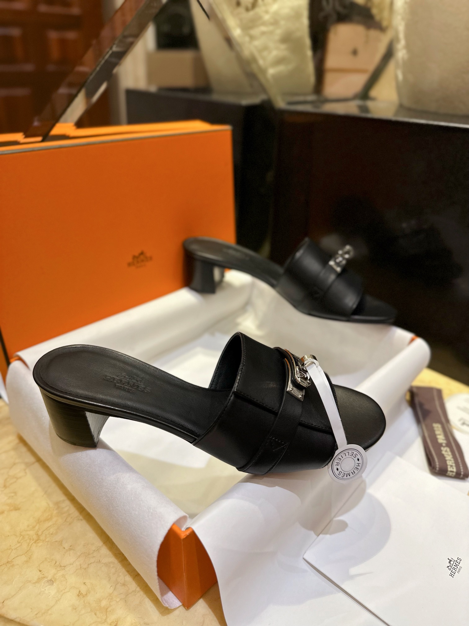 Hermes Kelly Black High Heel Slides with Calfskin, 5cm Heel