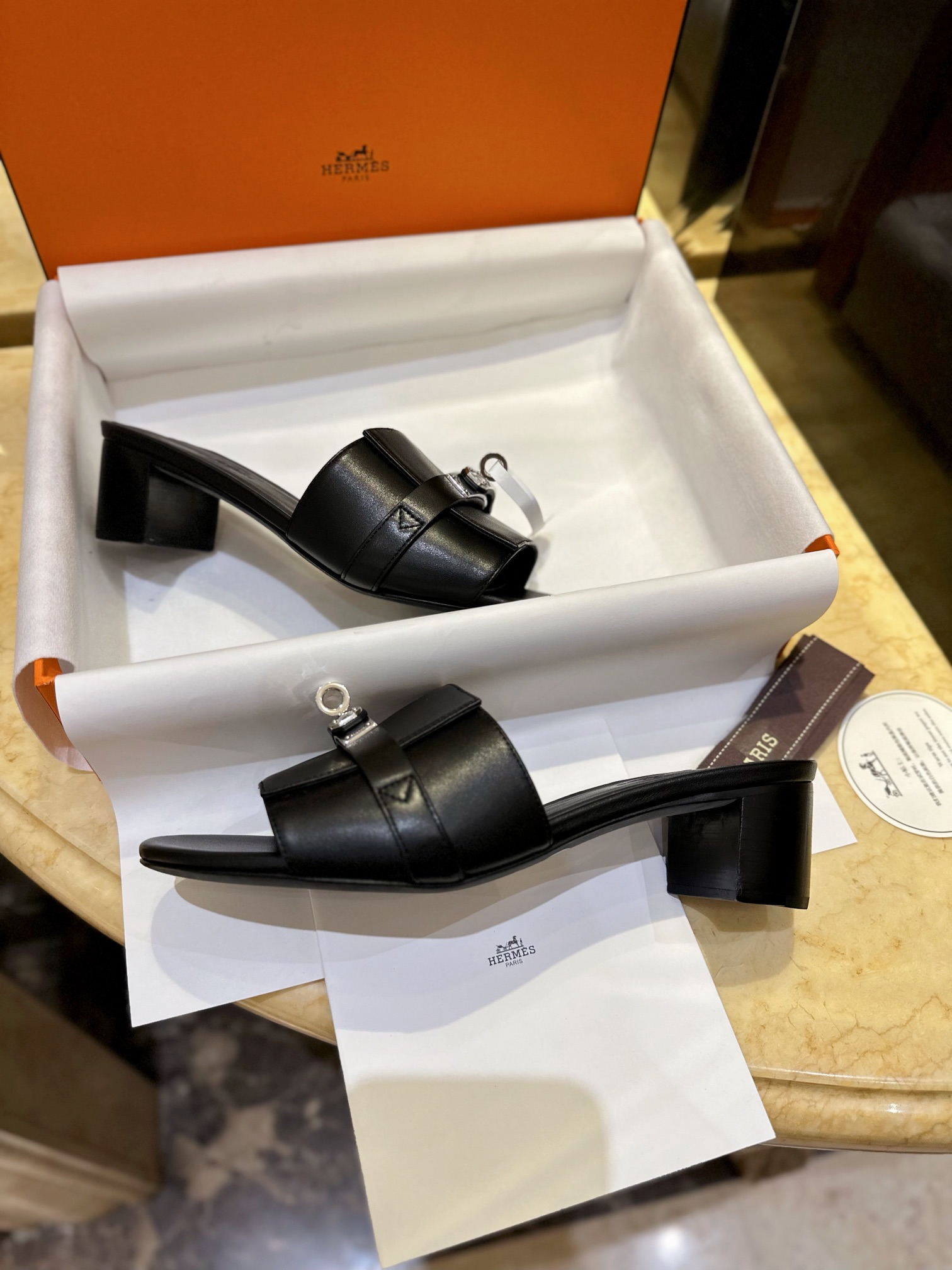 Hermes Kelly Black High Heel Slides with Calfskin, 5cm Heel