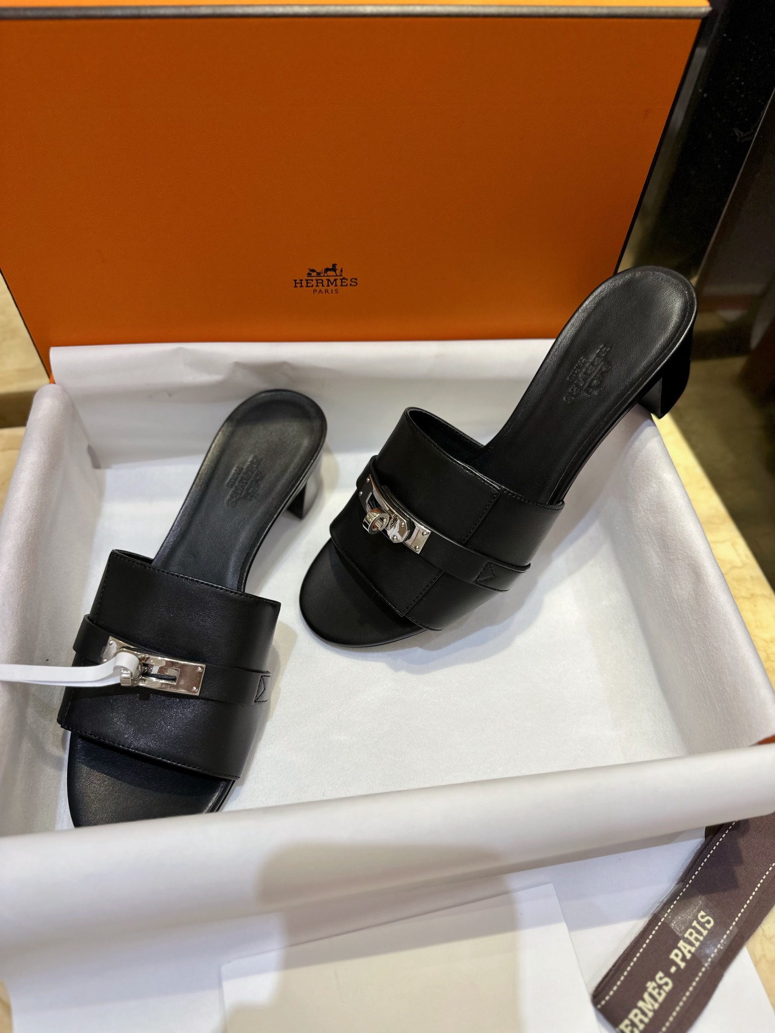 Hermes Kelly Black High Heel Slides with Calfskin, 5cm Heel