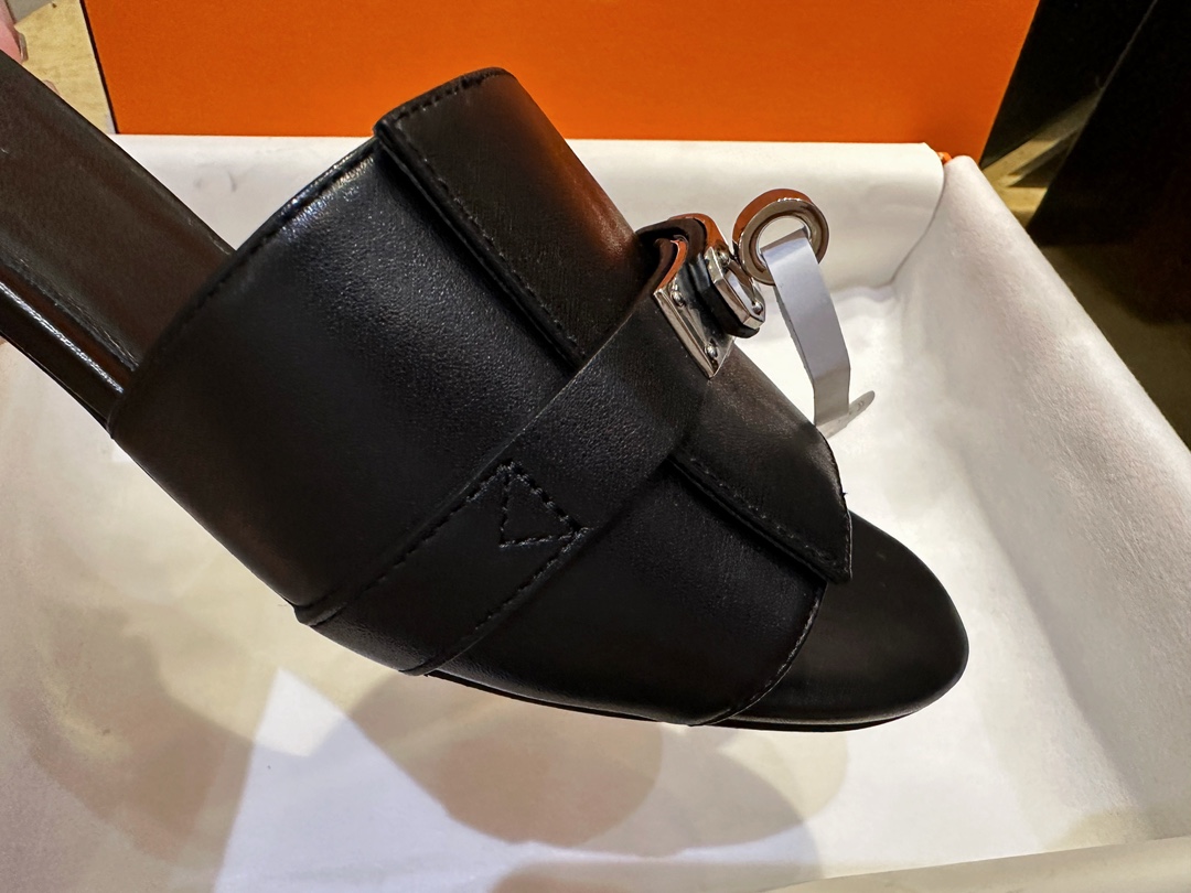 Hermes Kelly Black High Heel Slides with Calfskin, 5cm Heel