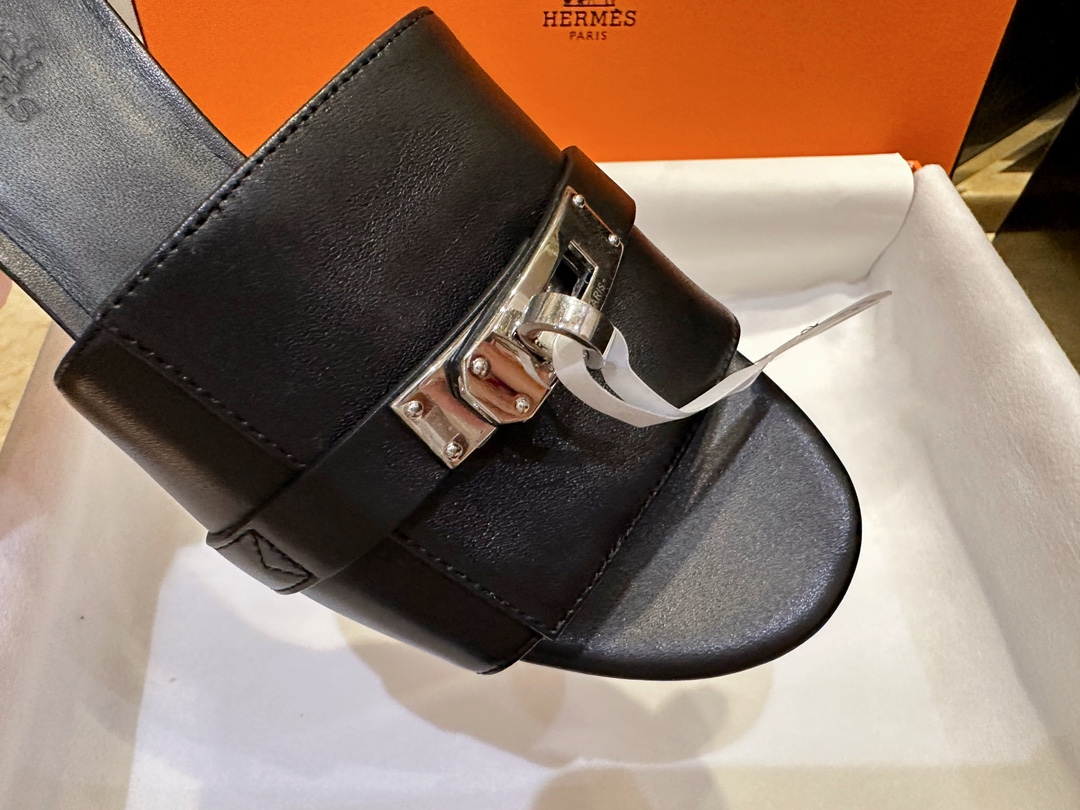 Hermes Kelly Black High Heel Slides with Calfskin, 5cm Heel