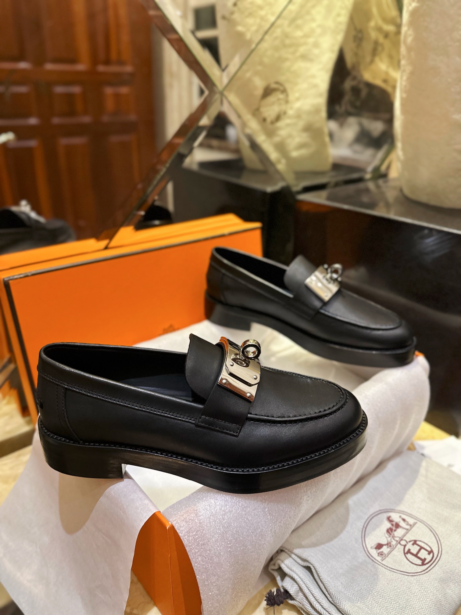 Hermes Hot Loafers Imported Calfskin + Large Kelly Buckle Leather Patchwork Rubber Sole