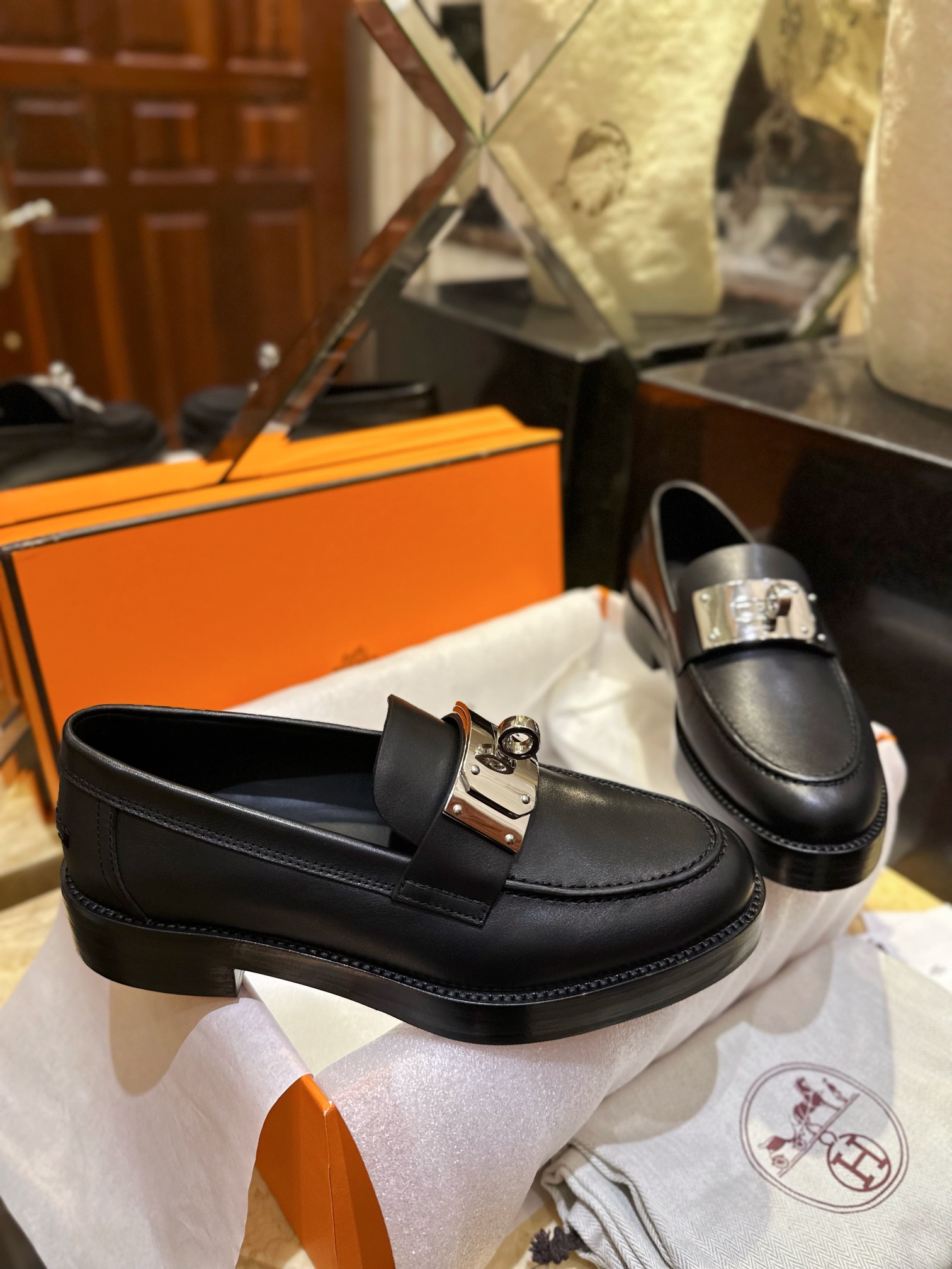 Hermes Hot Loafers Imported Calfskin + Large Kelly Buckle Leather Patchwork Rubber Sole