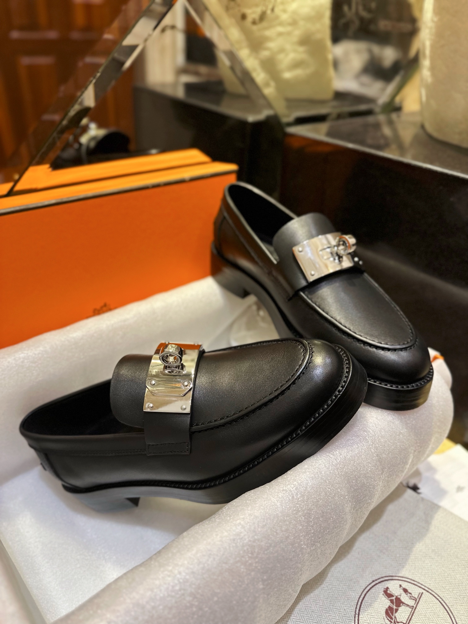 Hermes Hot Loafers Imported Calfskin + Large Kelly Buckle Leather Patchwork Rubber Sole