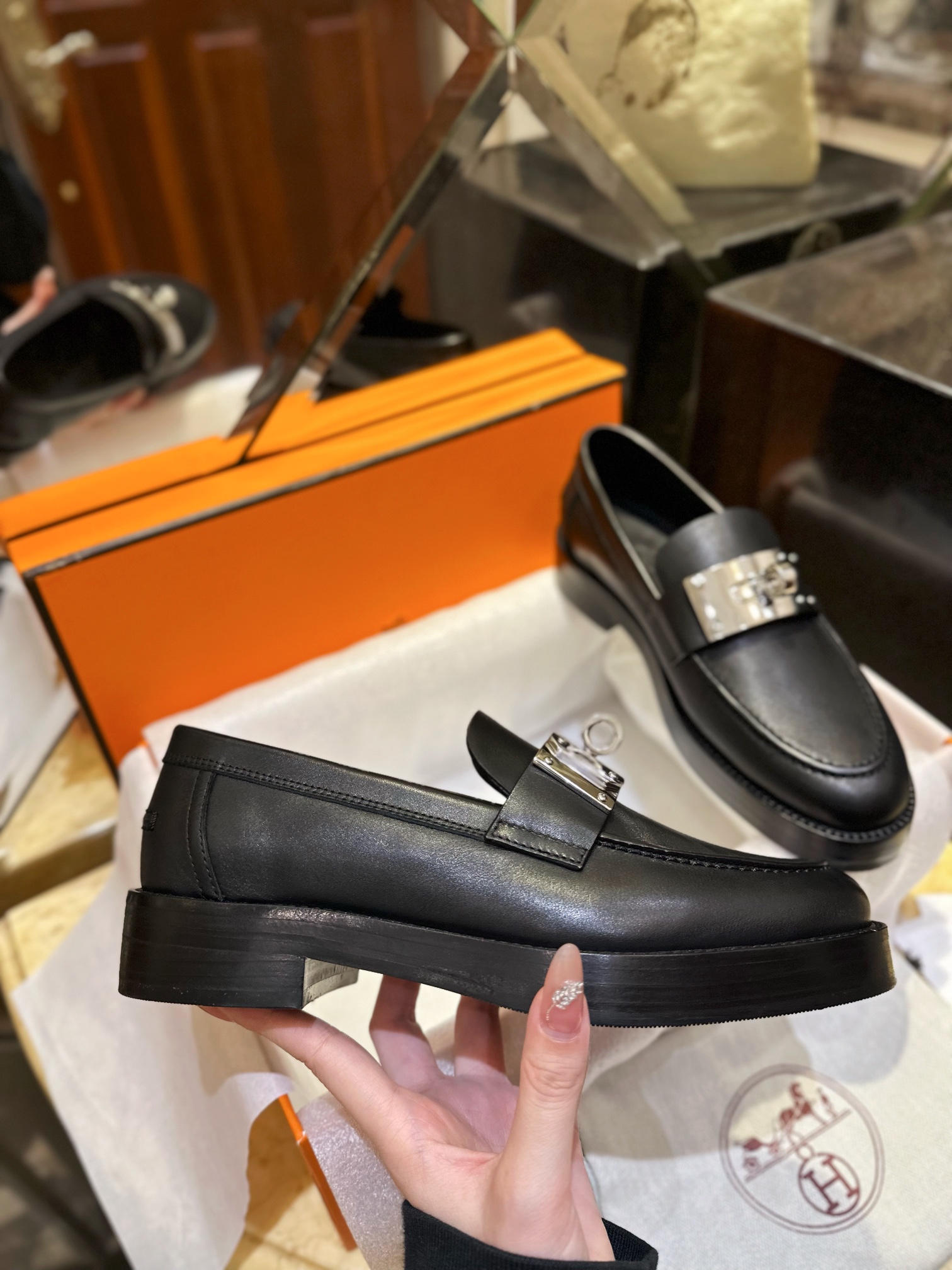 Hermes Hot Loafers Imported Calfskin + Large Kelly Buckle Leather Patchwork Rubber Sole