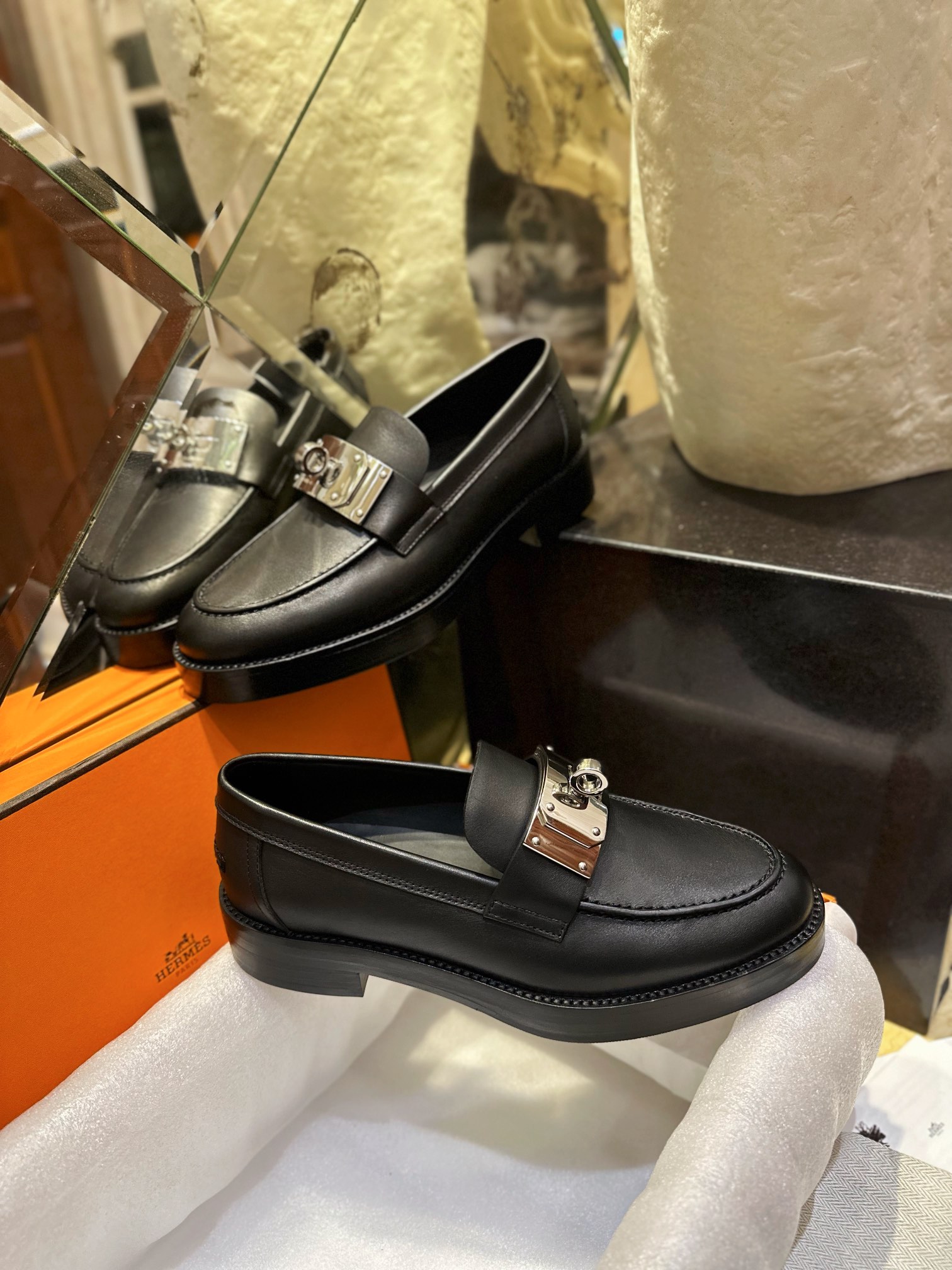 Hermes Hot Loafers Imported Calfskin + Large Kelly Buckle Leather Patchwork Rubber Sole