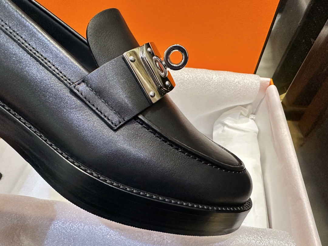 Hermes Hot Loafers Imported Calfskin + Large Kelly Buckle Leather Patchwork Rubber Sole