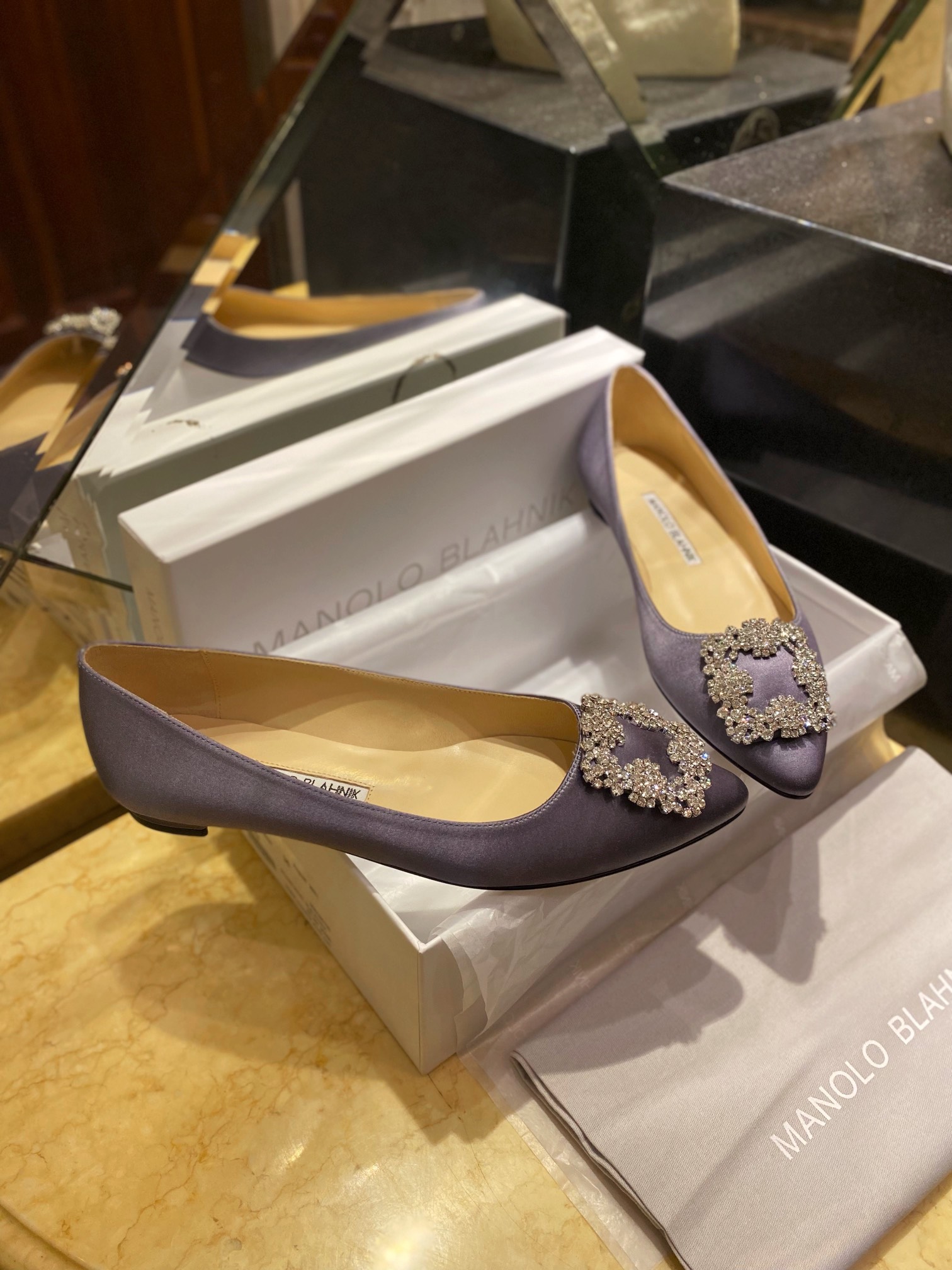 Manolo Blahnik Gray Silk White Crystal Flat Shoes