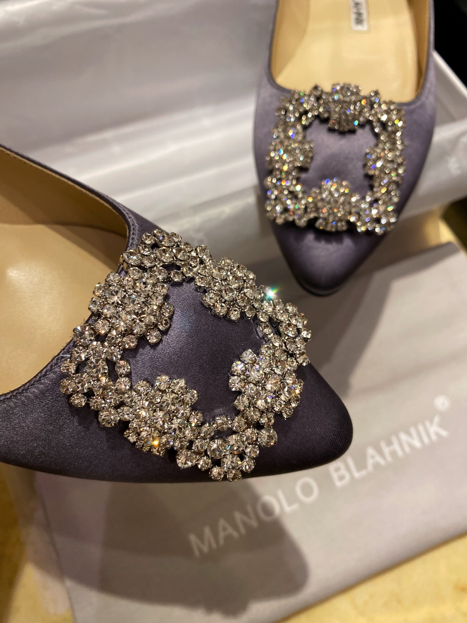 Manolo Blahnik Gray Silk White Crystal Flat Shoes