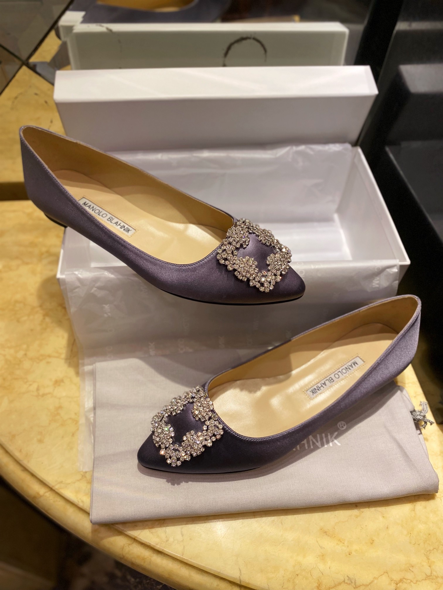 Manolo Blahnik Gray Silk White Crystal Flat Shoes