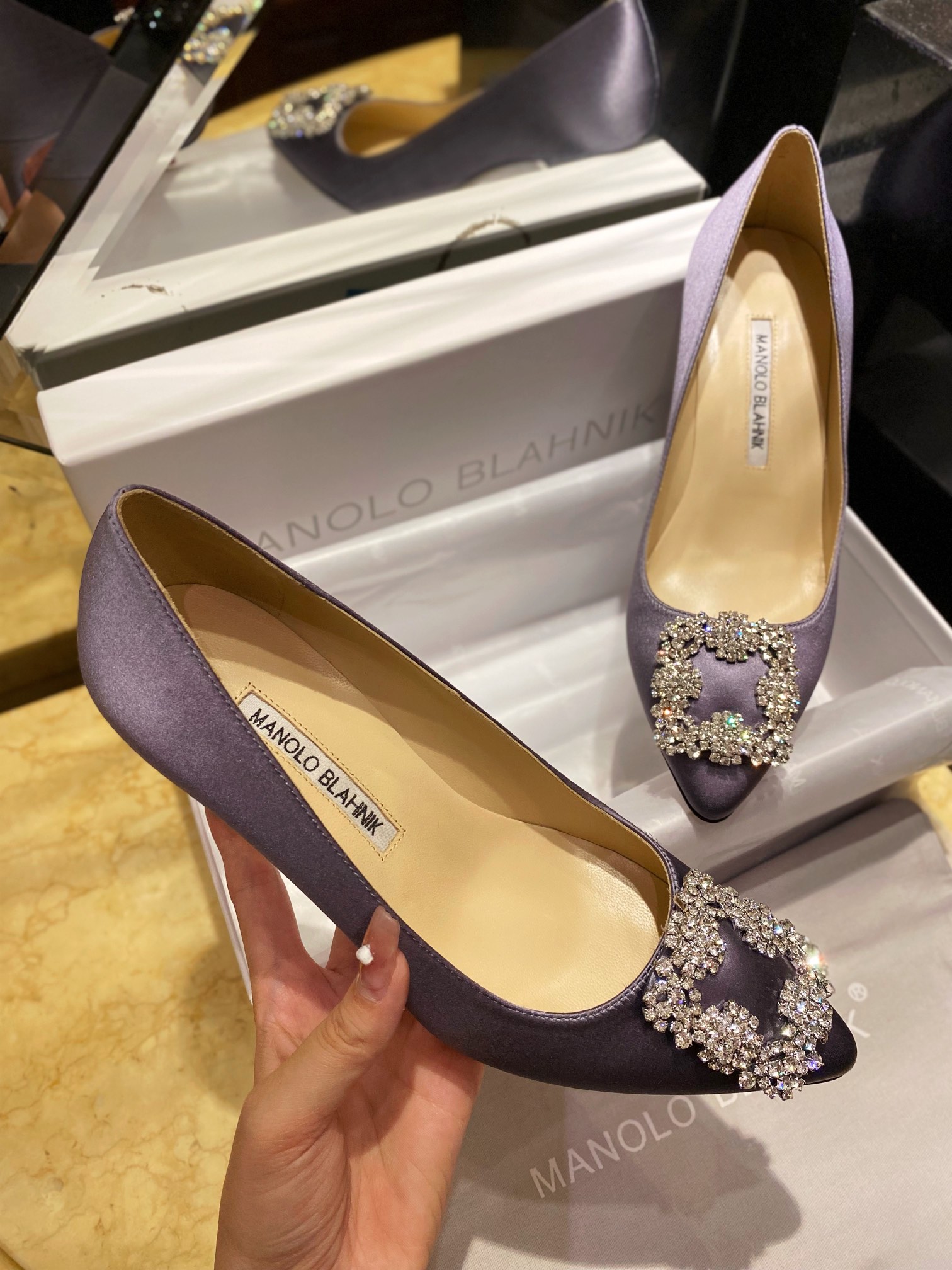 Manolo Blahnik Gray Silk White Crystal High Heels