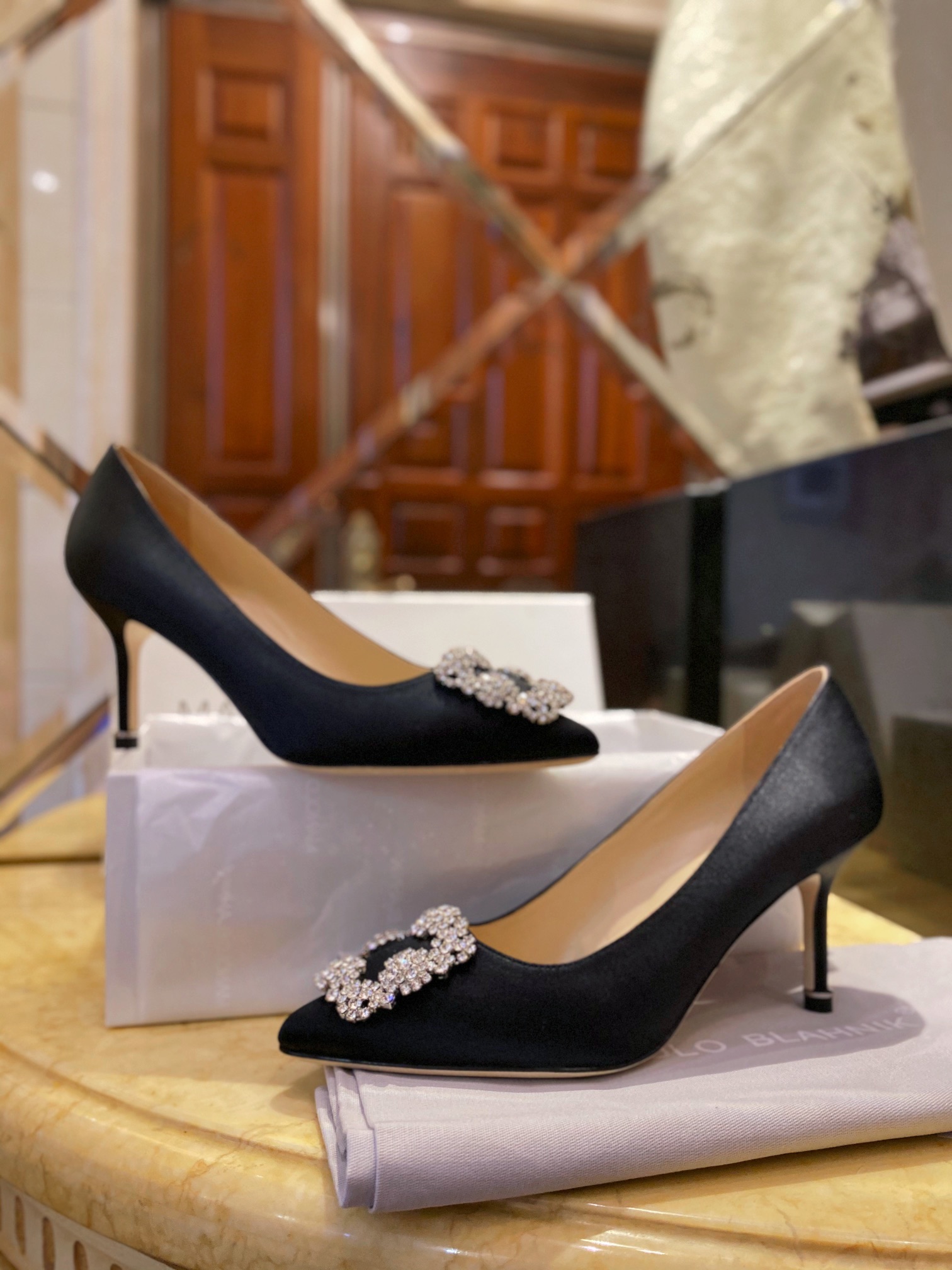 Manolo Blahnik Black Silk White Crystal 7cm High Heels