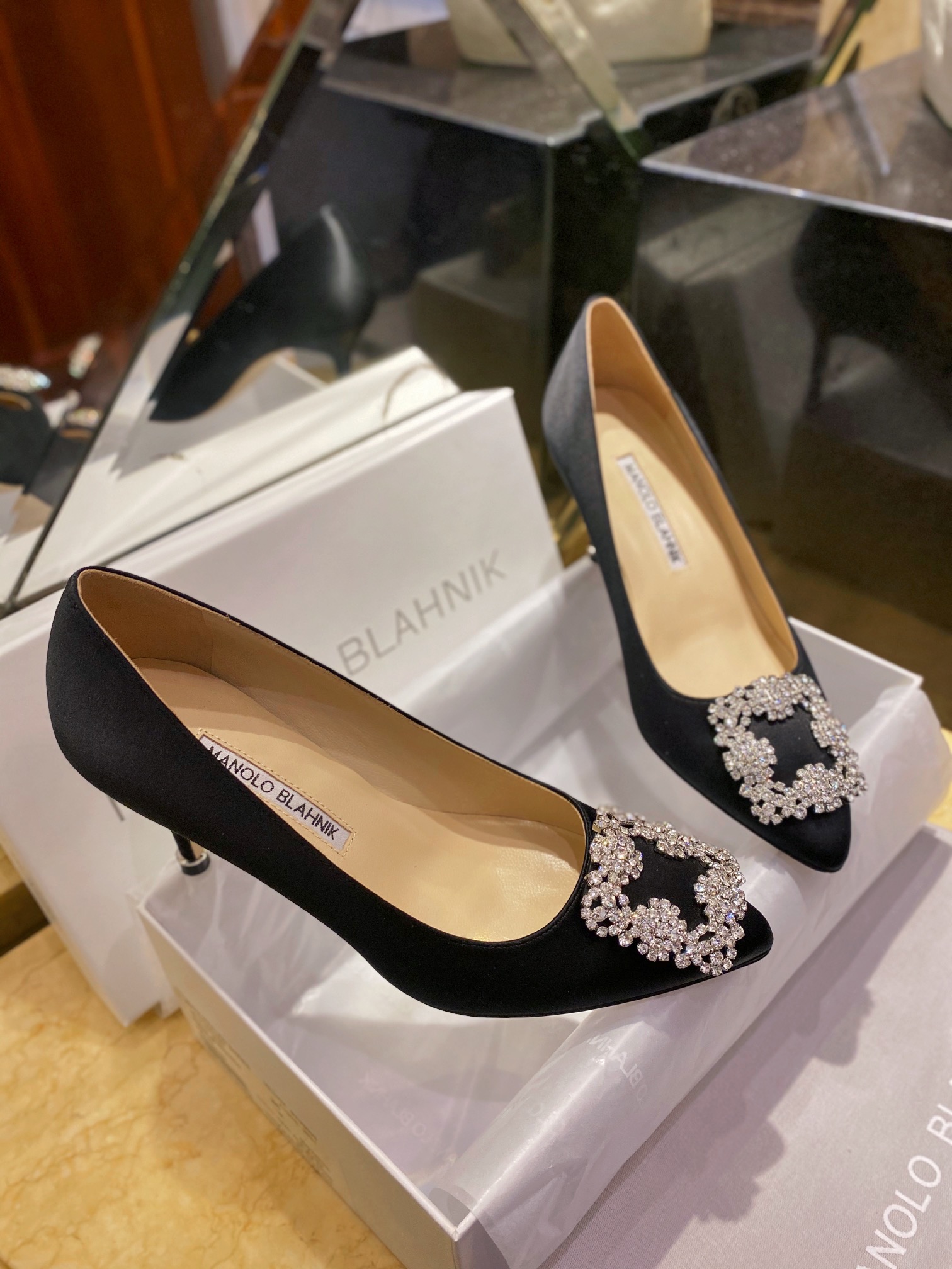 Manolo Blahnik Black Silk White Crystal 7cm High Heels